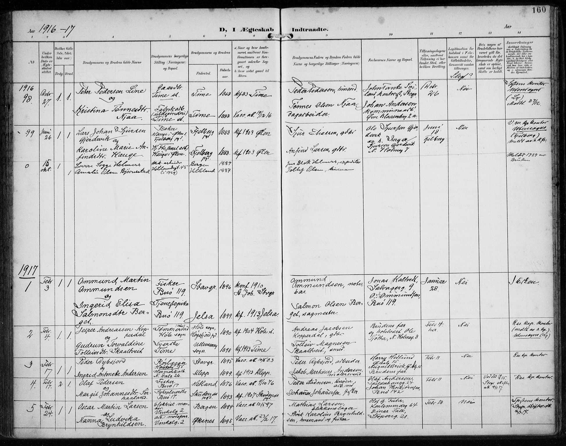 St. Petri sokneprestkontor, AV/SAST-A-101813/002/A/L0003: Parish register (official) no. A 24, 1900-1921, p. 160