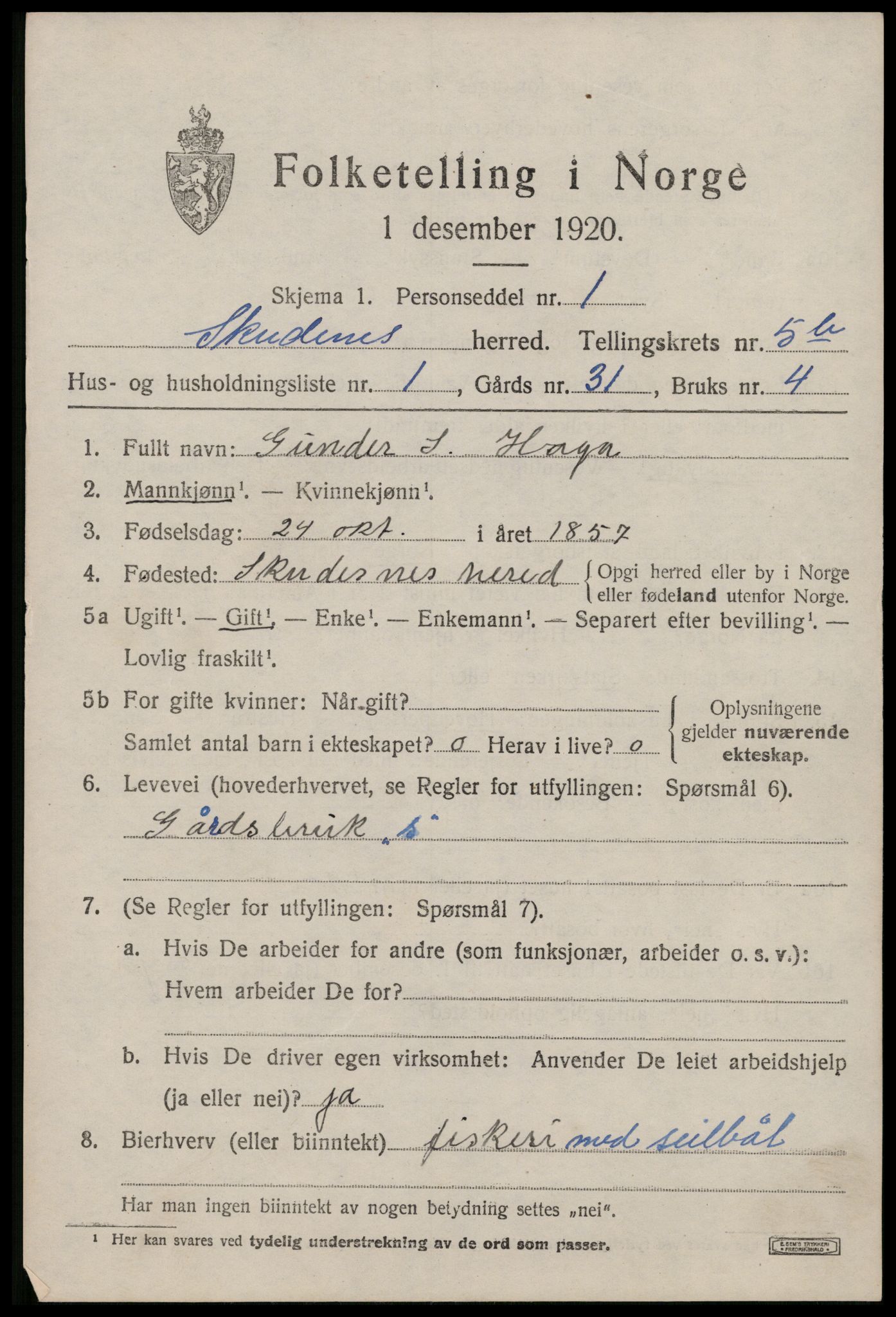 SAST, 1920 census for Skudenes, 1920, p. 4468