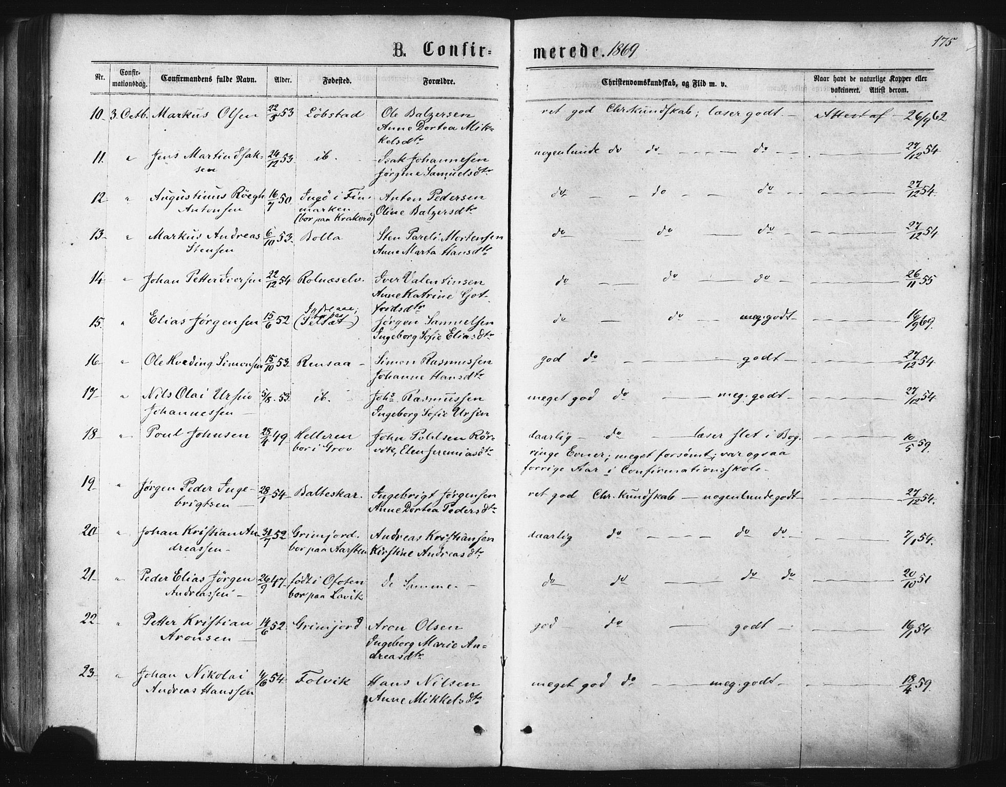 Ibestad sokneprestembete, AV/SATØ-S-0077/H/Ha/Haa/L0010kirke: Parish register (official) no. 10, 1869-1879, p. 175