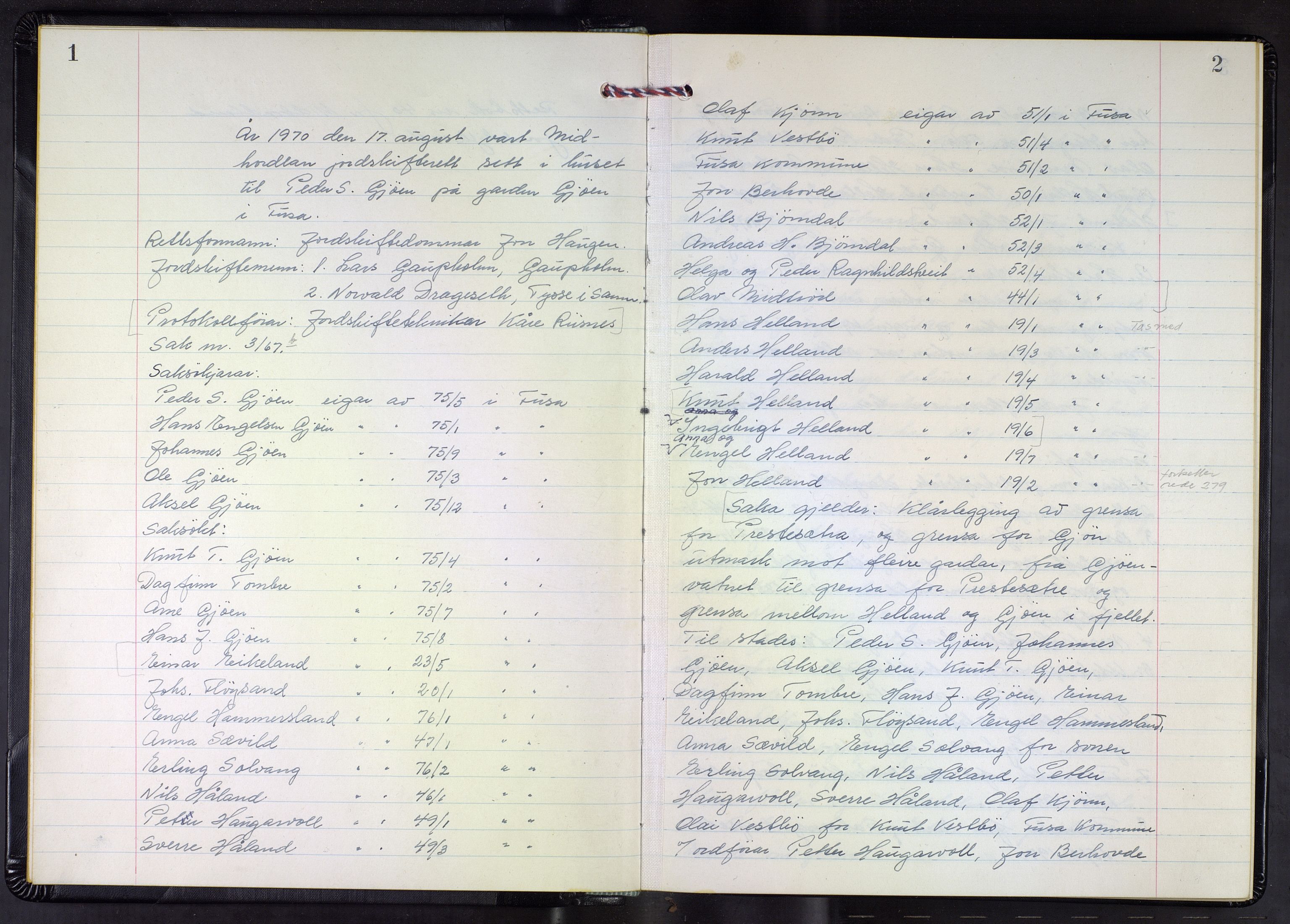 Hordaland jordskiftedøme - III Midhordland jordskiftedistrikt, SAB/A-7001/A/Aa/L0040: Forhandlingsprotokoll, 1970-1976, p. 1-2