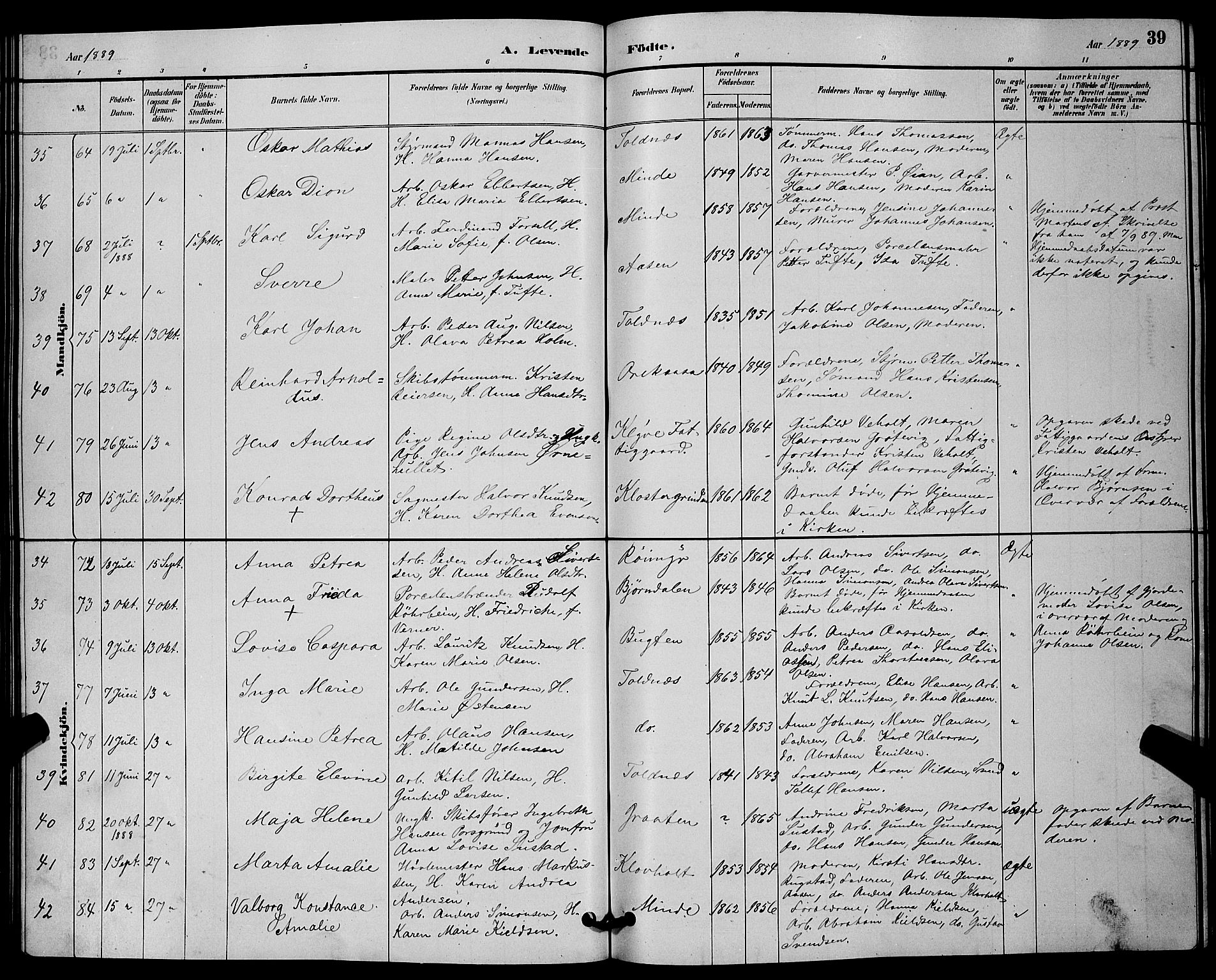 Solum kirkebøker, AV/SAKO-A-306/G/Ga/L0007: Parish register (copy) no. I 7, 1884-1898, p. 39