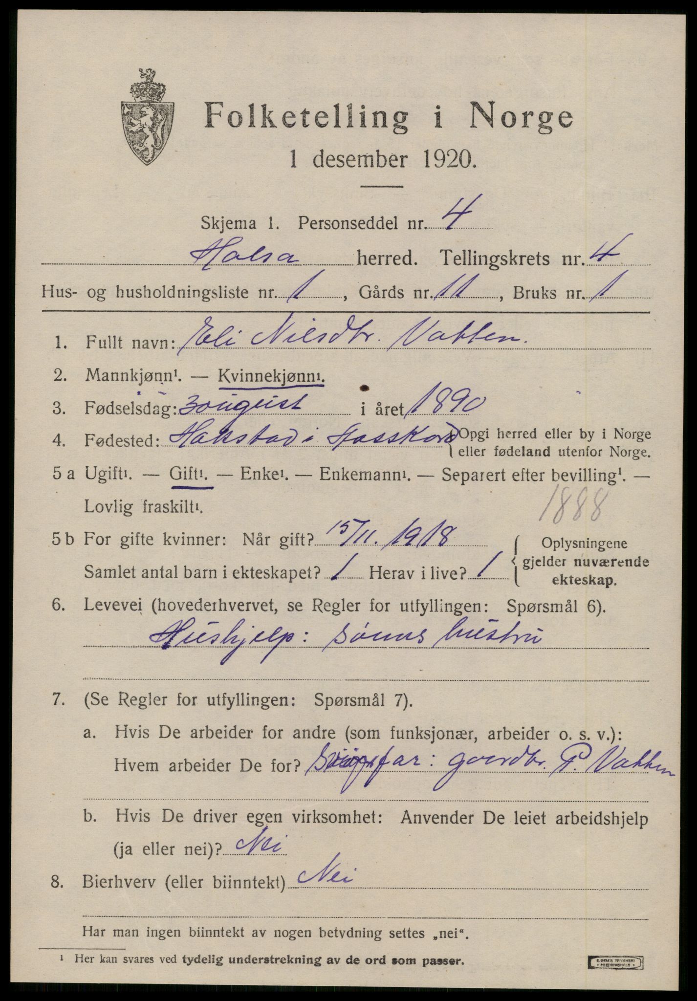 SAT, 1920 census for Halsa, 1920, p. 1629