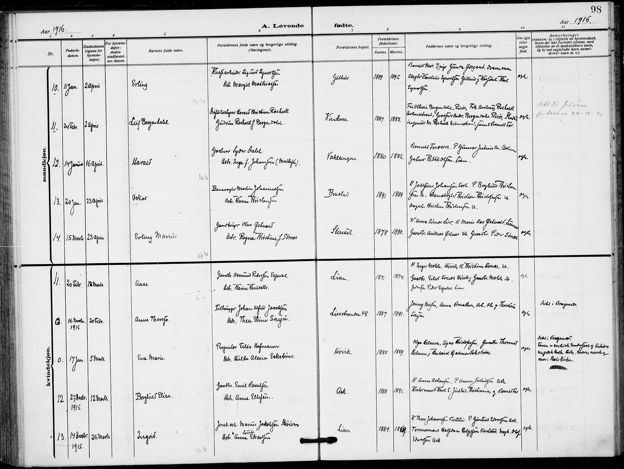 Lier kirkebøker, AV/SAKO-A-230/F/Fa/L0018: Parish register (official) no. I 18, 1909-1917, p. 98