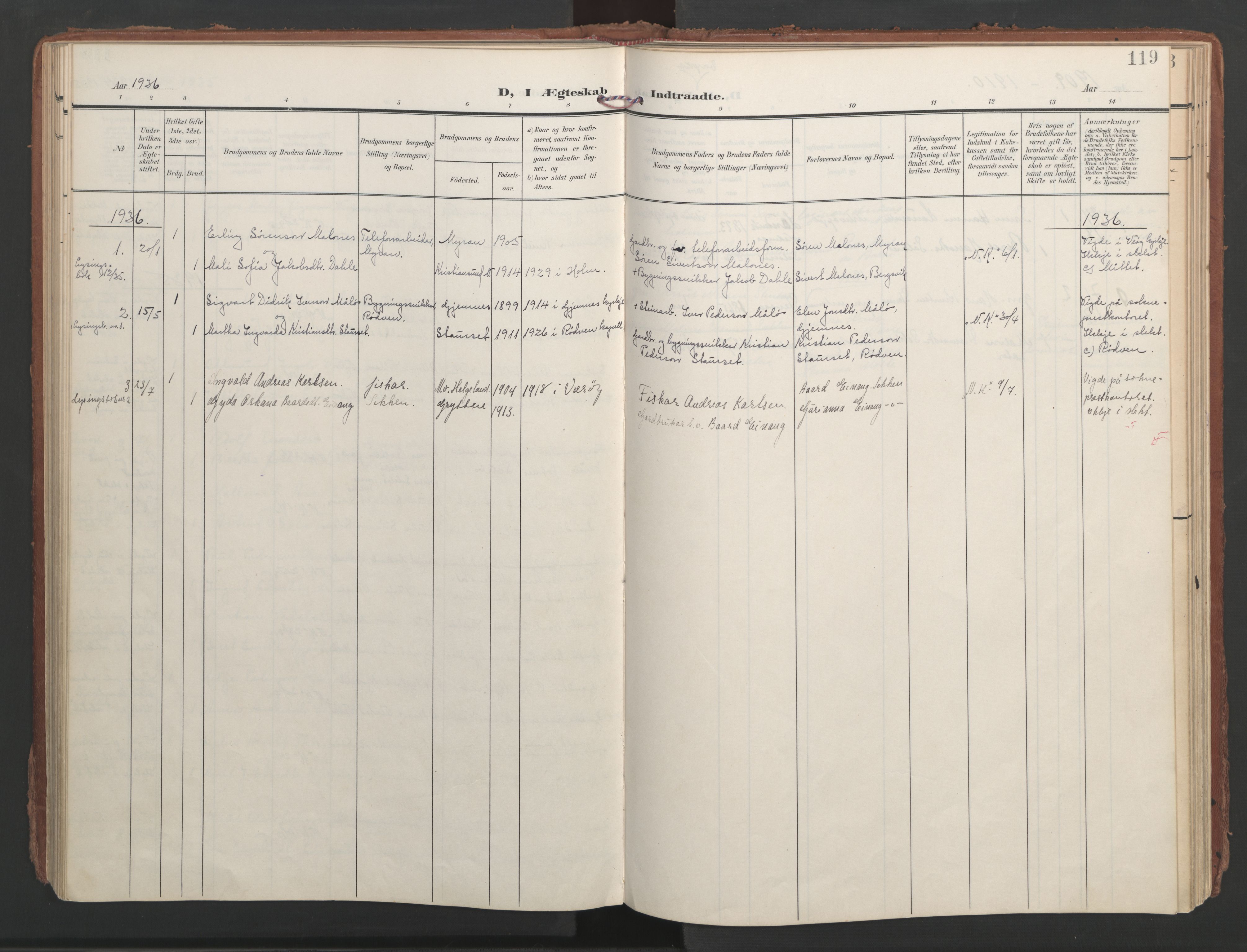 Ministerialprotokoller, klokkerbøker og fødselsregistre - Møre og Romsdal, AV/SAT-A-1454/547/L0605: Parish register (official) no. 547A07, 1907-1936, p. 119