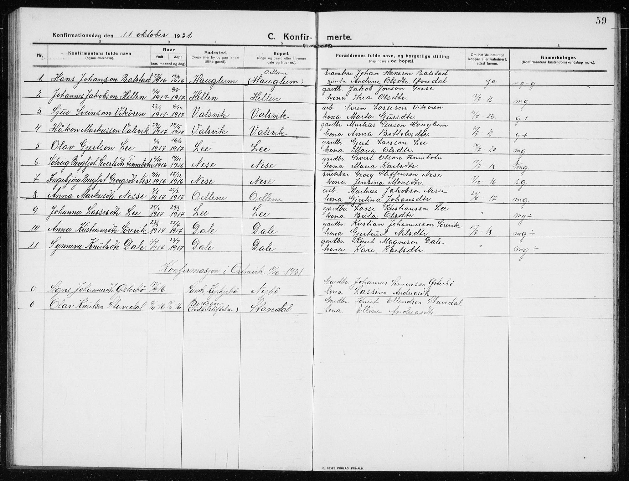 Vik sokneprestembete, SAB/A-81501: Parish register (copy) no. B 4, 1913-1938, p. 59