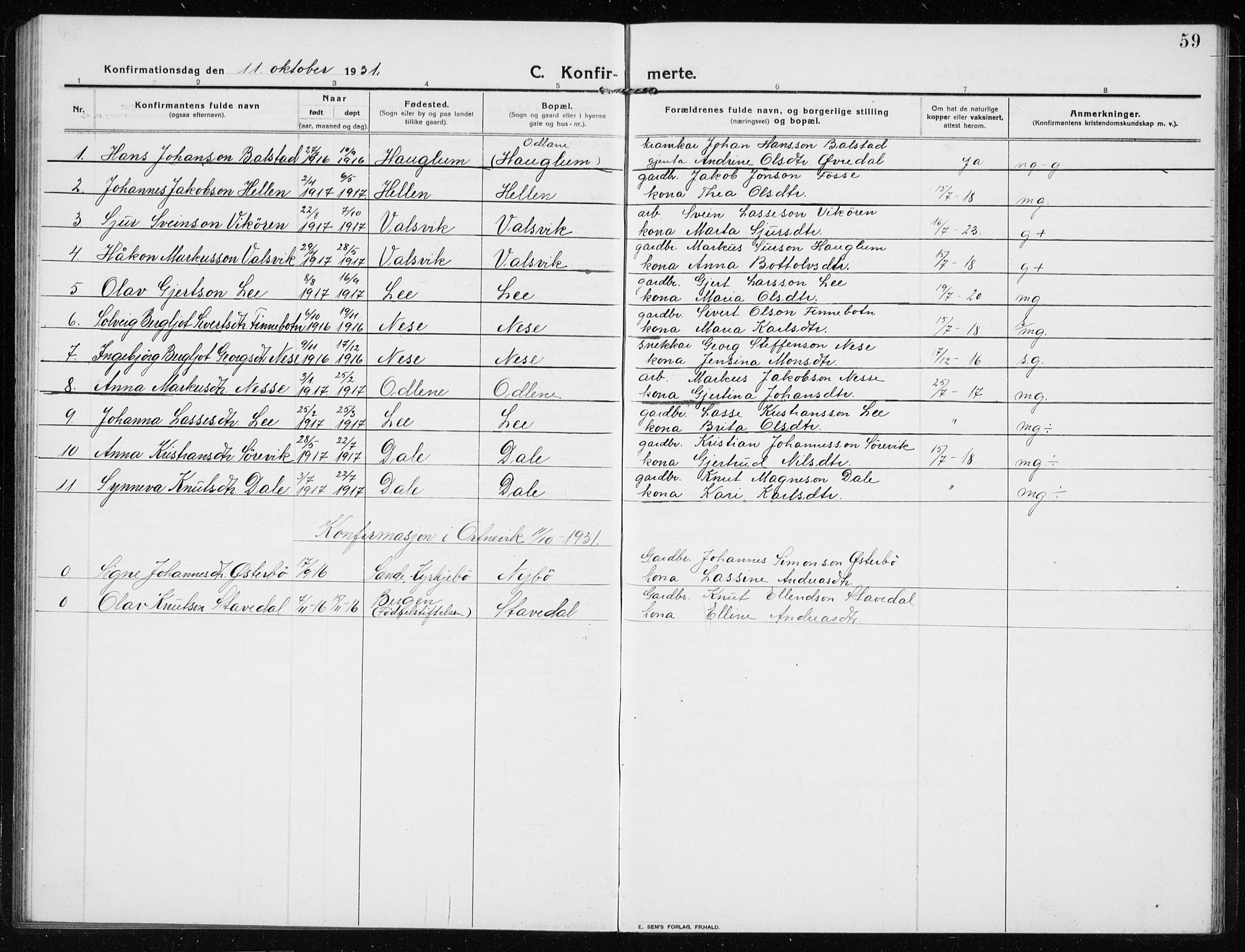 Vik sokneprestembete, AV/SAB-A-81501/H/Hab/Habb/L0004: Parish register (copy) no. B 4, 1913-1938, p. 59