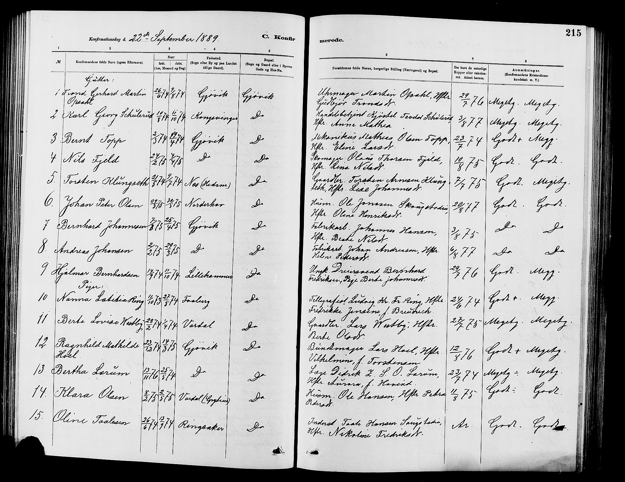 Vardal prestekontor, SAH/PREST-100/H/Ha/Hab/L0007: Parish register (copy) no. 7 /2, 1881-1895, p. 215