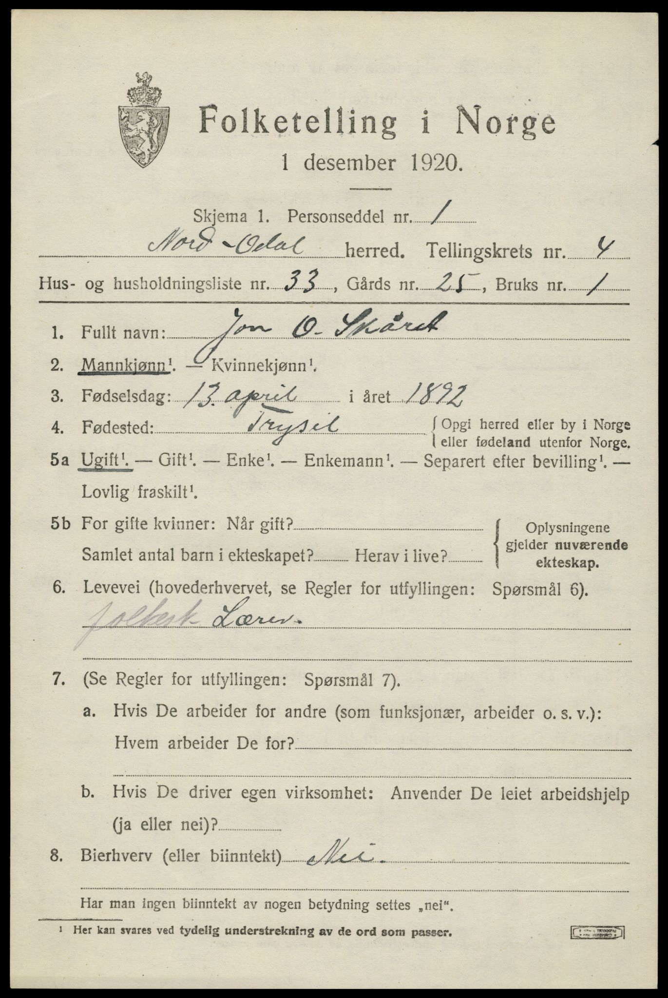 SAH, 1920 census for Nord-Odal, 1920, p. 5029