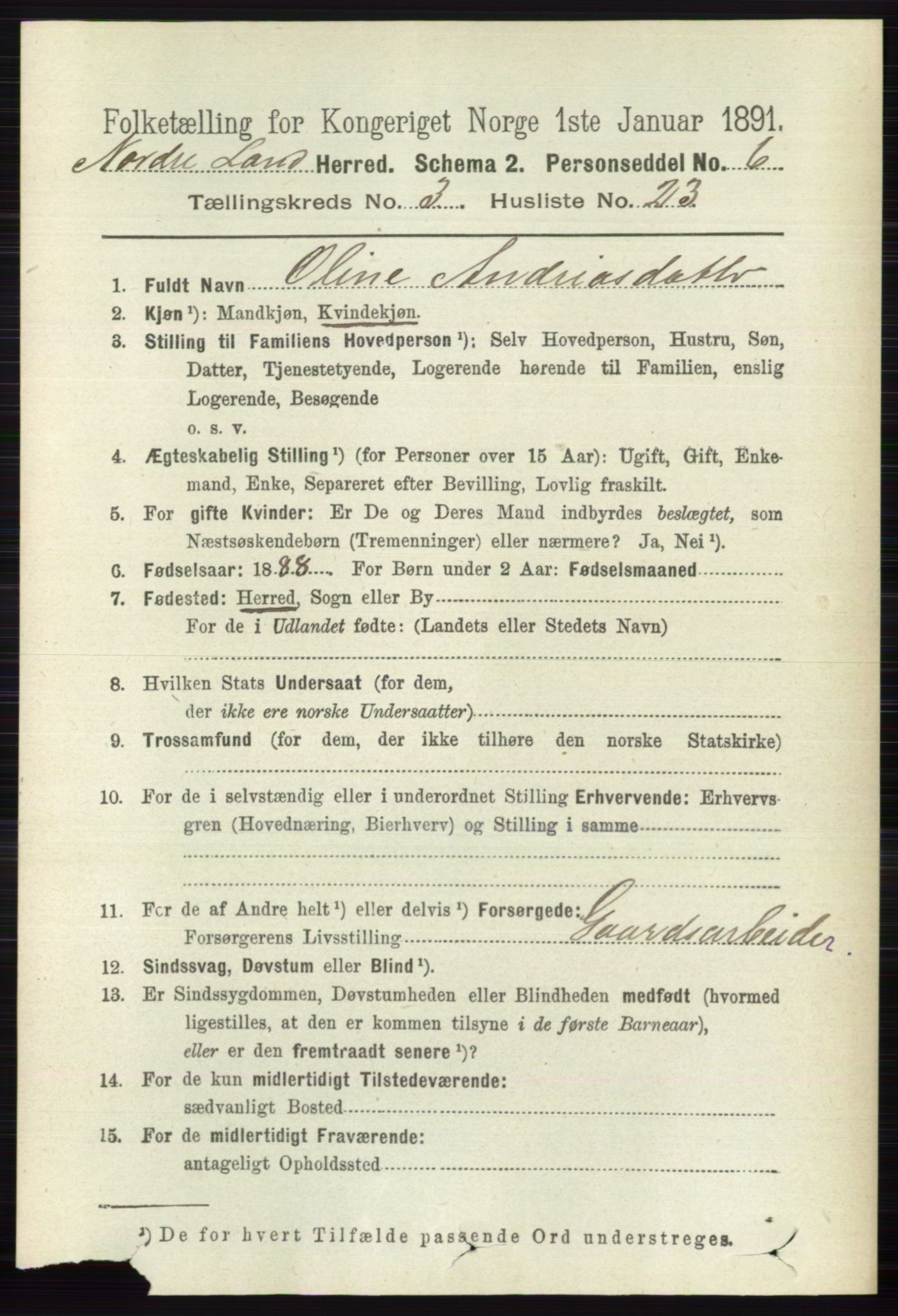 RA, 1891 census for 0538 Nordre Land, 1891, p. 1071