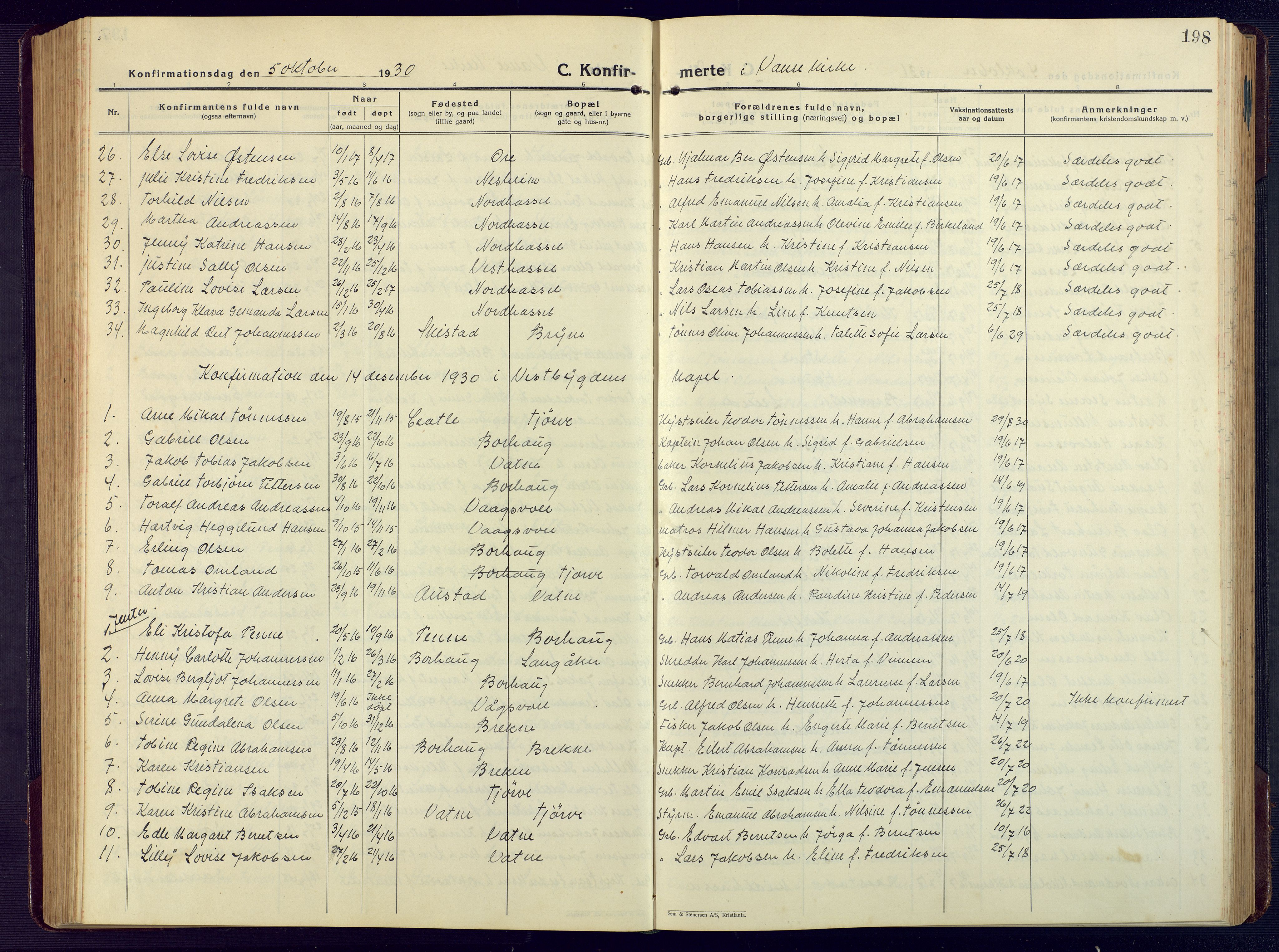 Lista sokneprestkontor, AV/SAK-1111-0027/F/Fb/L0006: Parish register (copy) no. B 6, 1924-1947, p. 198