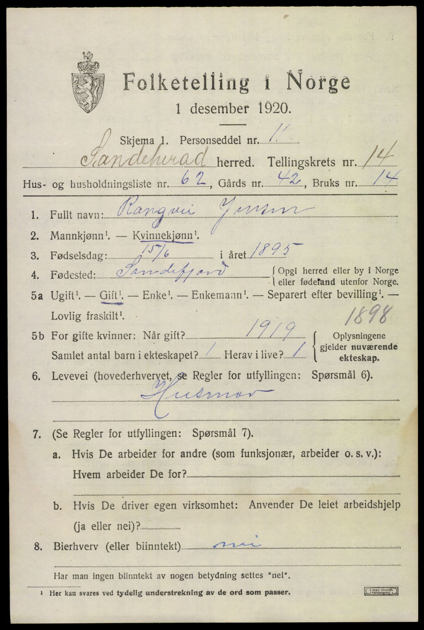 SAKO, 1920 census for Sandeherred, 1920, p. 21110