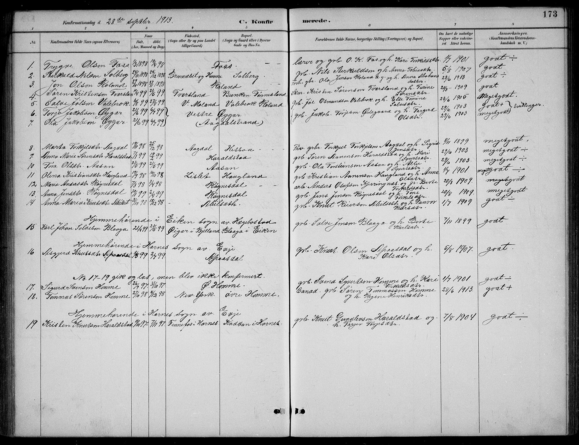 Bjelland sokneprestkontor, SAK/1111-0005/F/Fb/Fba/L0005: Parish register (copy) no. B 5, 1887-1923, p. 173