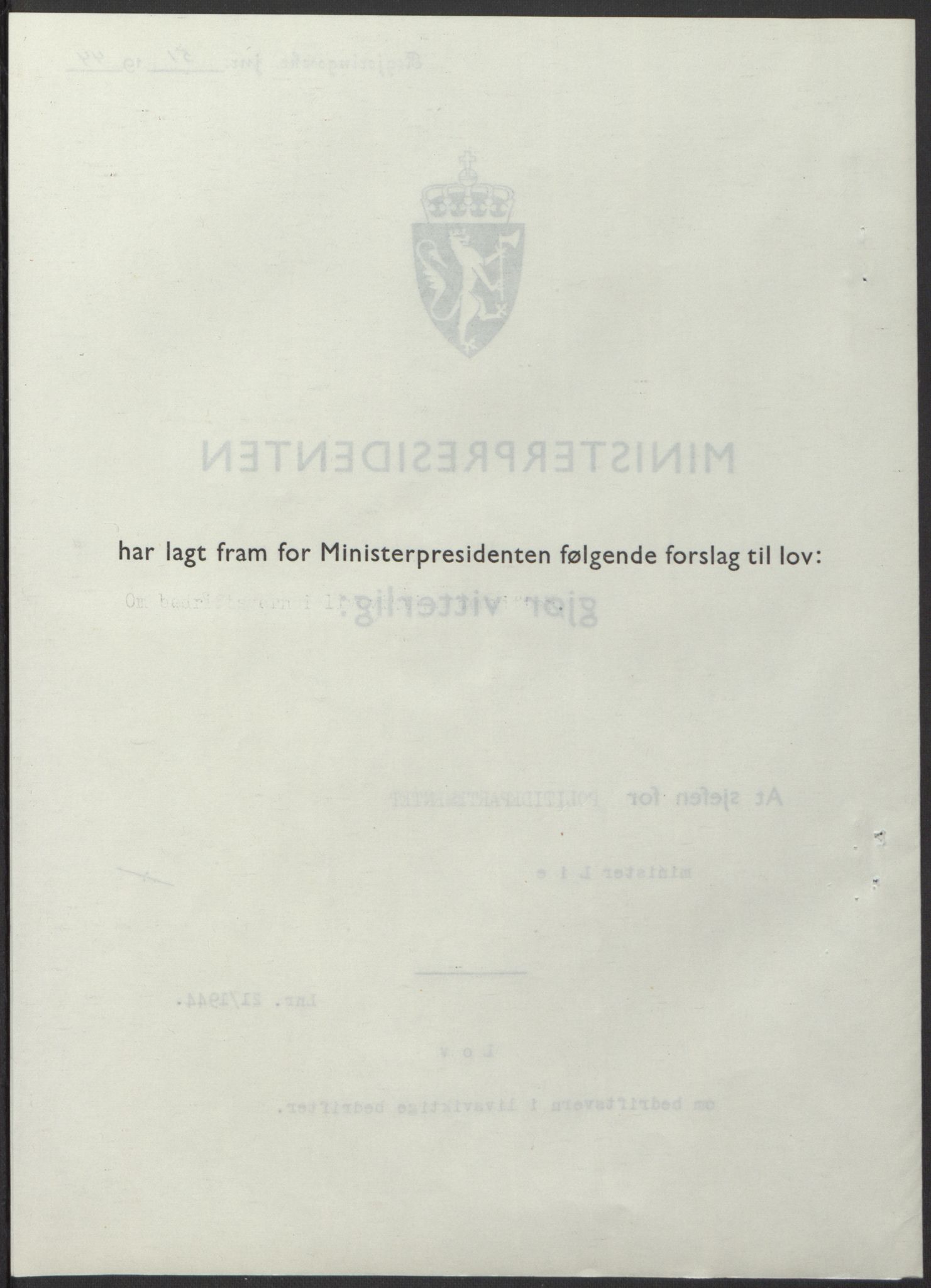 NS-administrasjonen 1940-1945 (Statsrådsekretariatet, de kommisariske statsråder mm), AV/RA-S-4279/D/Db/L0100: Lover, 1944, p. 95