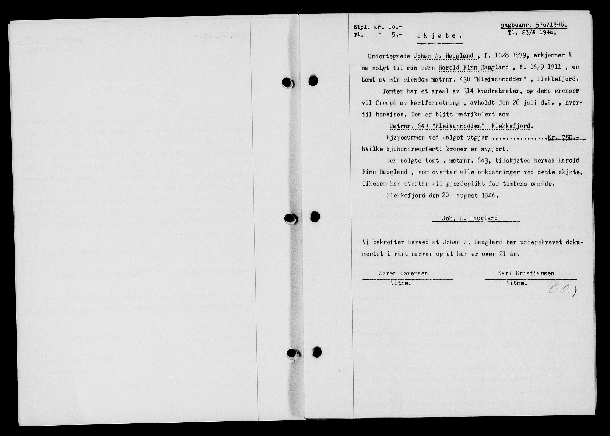 Flekkefjord sorenskriveri, AV/SAK-1221-0001/G/Gb/Gba/L0060: Mortgage book no. A-8, 1945-1946, Diary no: : 570/1946