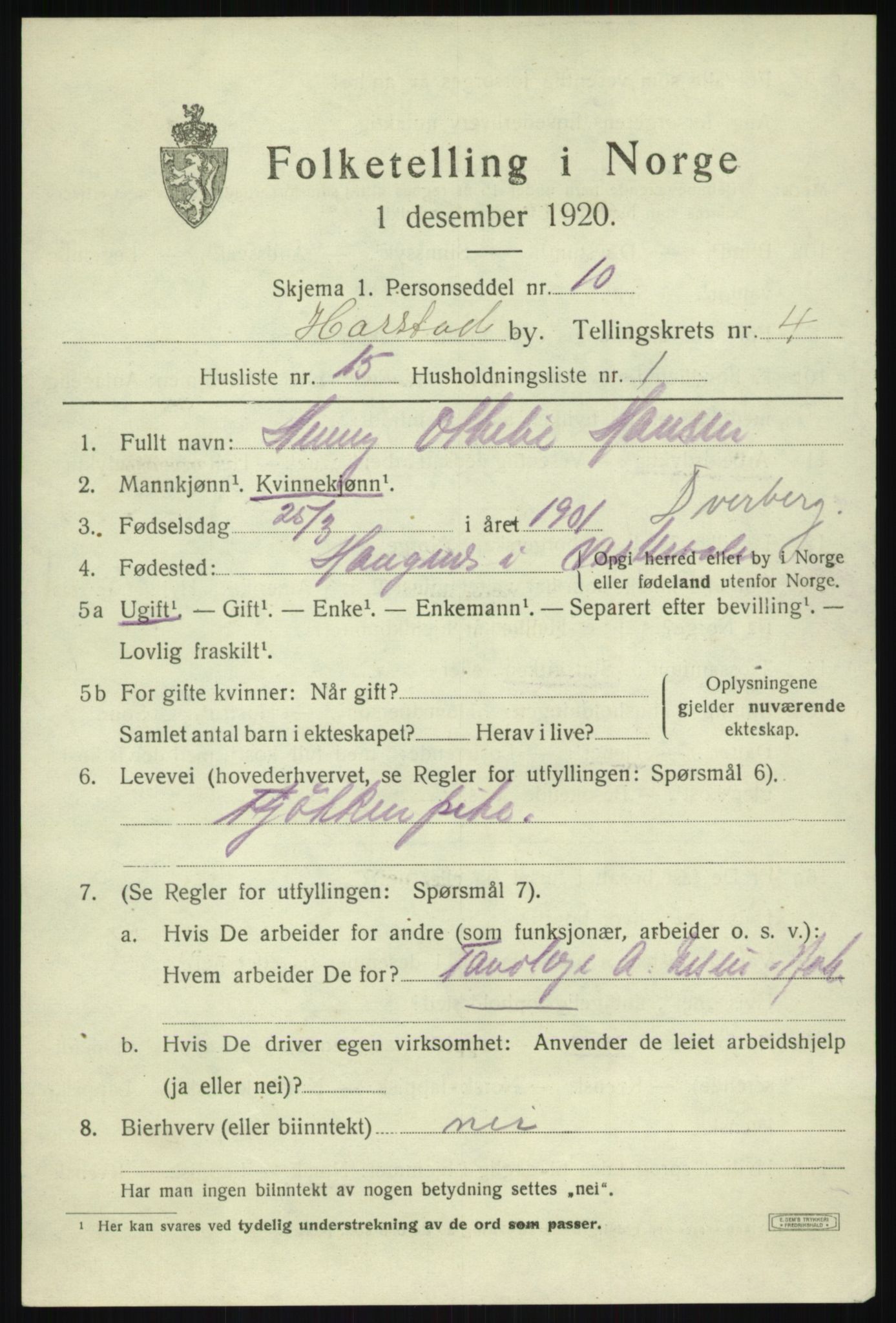 SATØ, 1920 census for Harstad, 1920, p. 5482