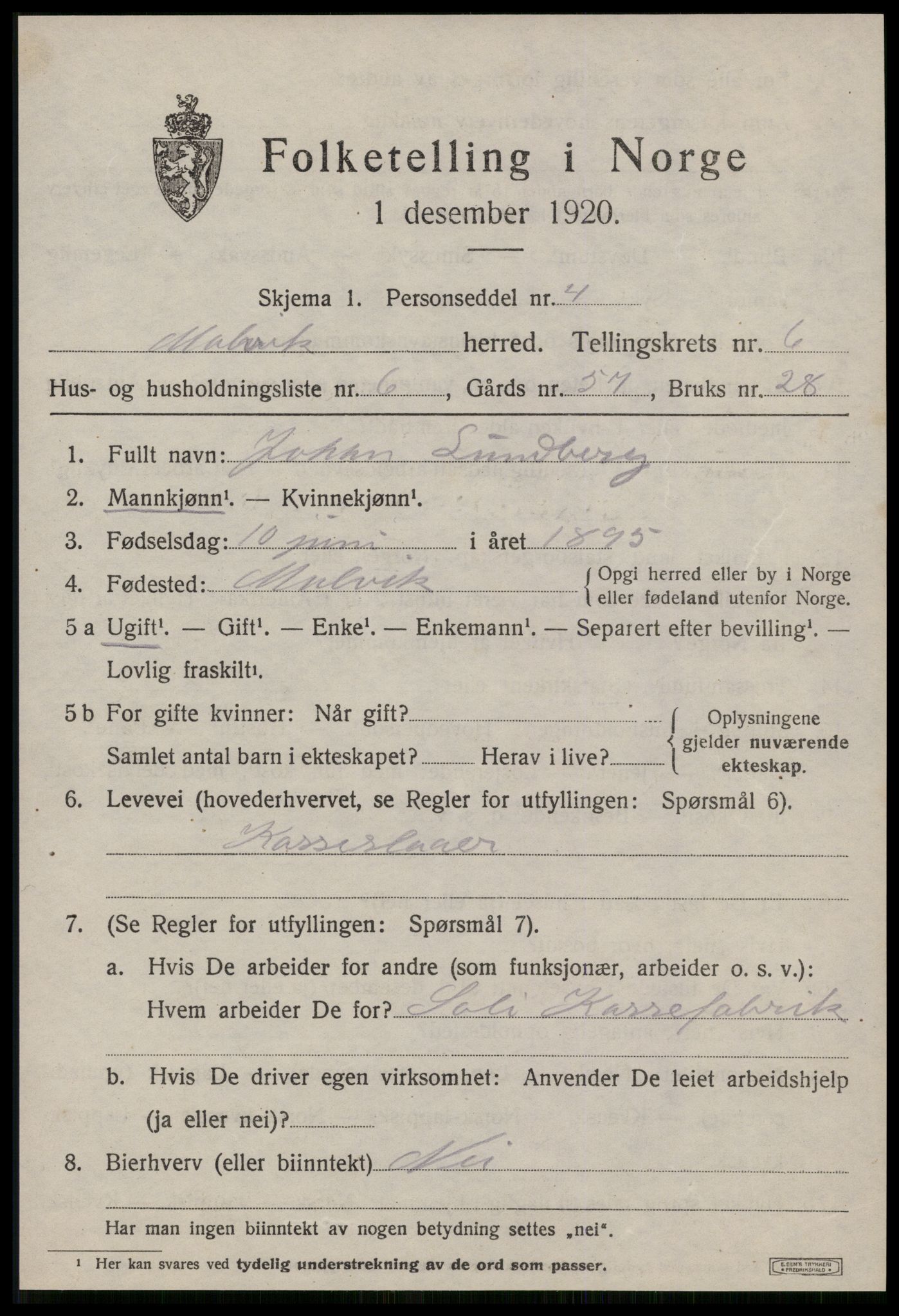 SAT, 1920 census for Malvik, 1920, p. 5418