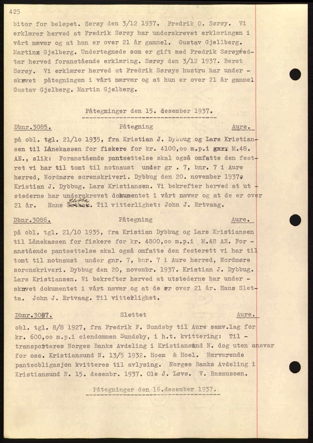 Nordmøre sorenskriveri, AV/SAT-A-4132/1/2/2Ca: Mortgage book no. C80, 1936-1939, Diary no: : 3085/1937