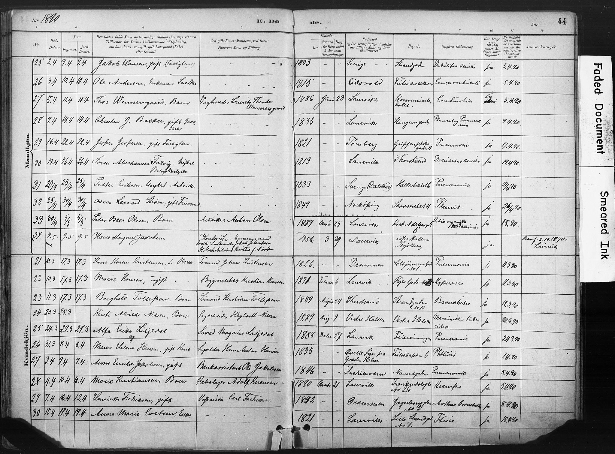 Larvik kirkebøker, AV/SAKO-A-352/F/Fa/L0010: Parish register (official) no. I 10, 1884-1910, p. 44