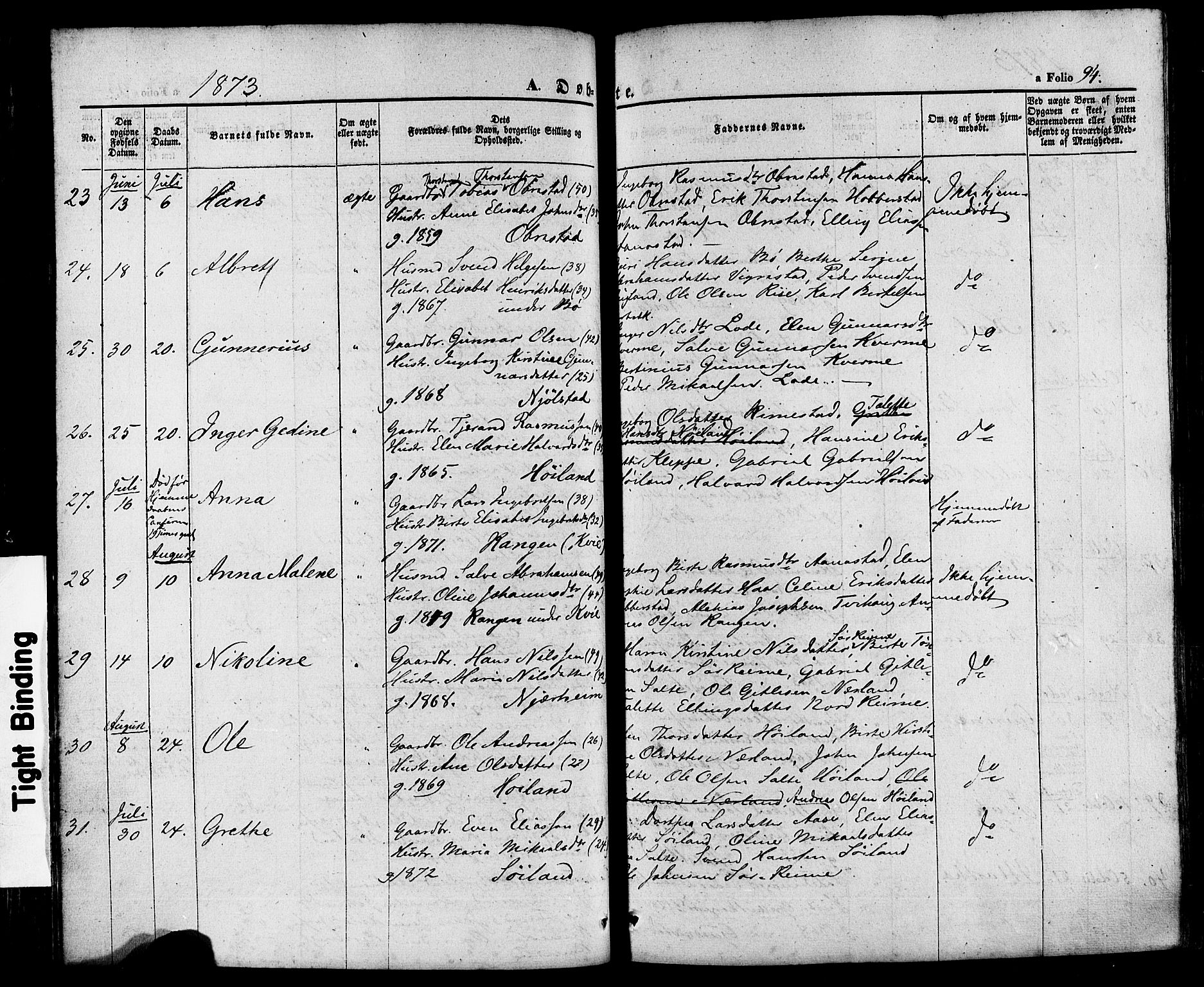 Hå sokneprestkontor, AV/SAST-A-101801/001/30BA/L0008: Parish register (official) no. A 7, 1853-1878, p. 94