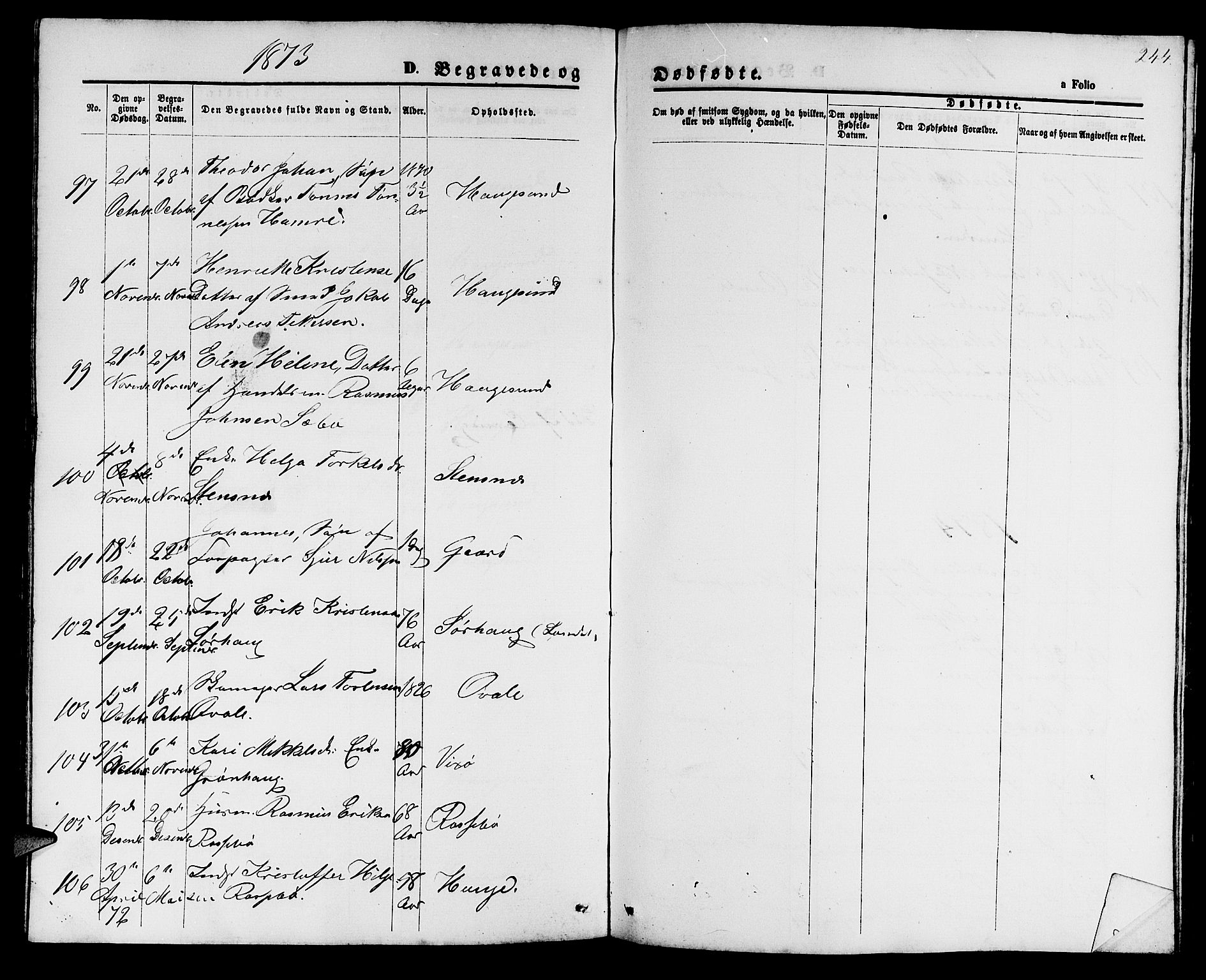 Haugesund sokneprestkontor, AV/SAST-A -101863/H/Ha/Hab/L0001: Parish register (copy) no. B 1, 1873-1881, p. 244