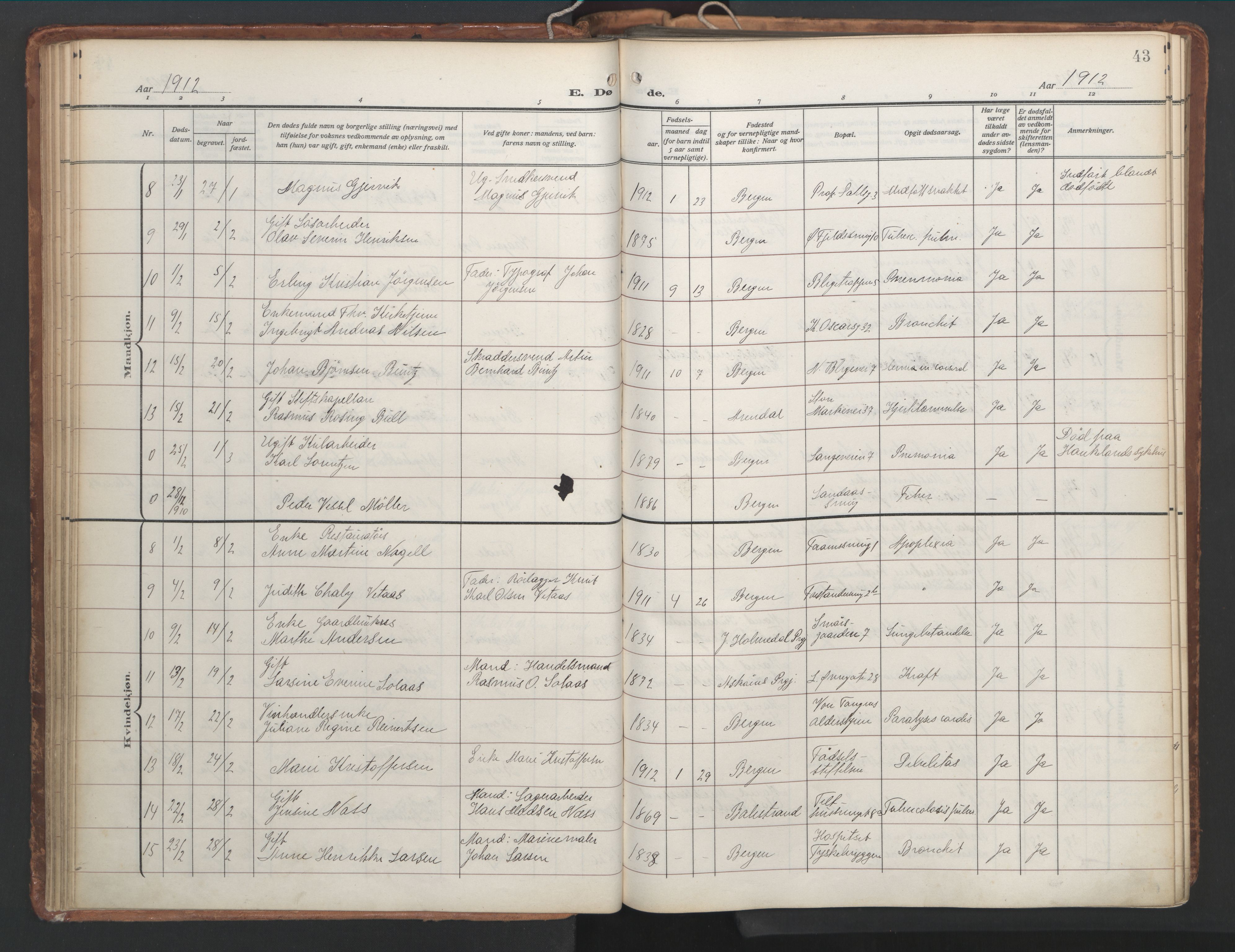 Korskirken sokneprestembete, AV/SAB-A-76101/H/Hab: Parish register (copy) no. E 5, 1910-1956, p. 42b-43a