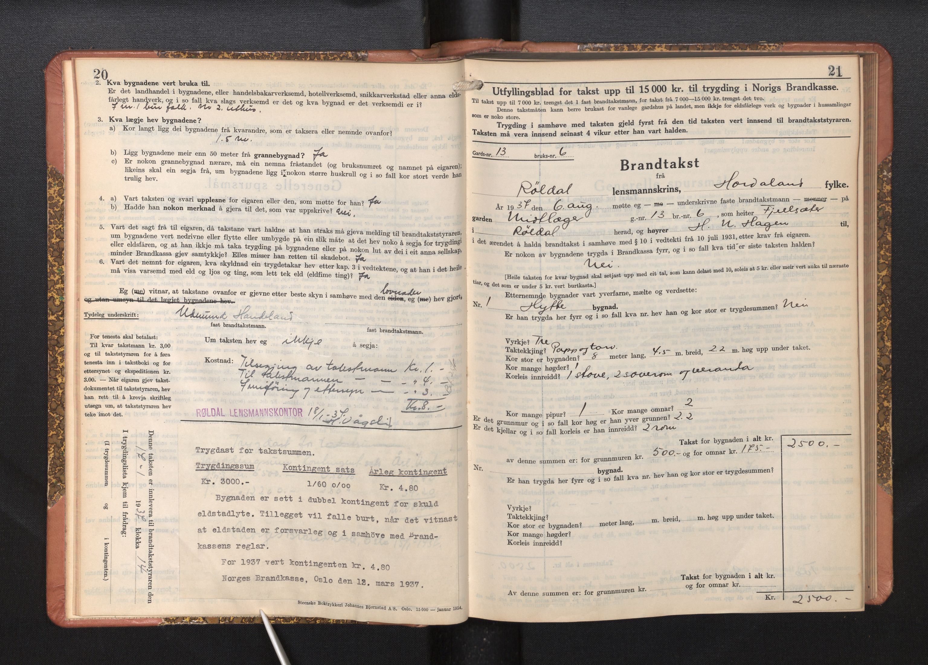 Lensmannen i Røldal, AV/SAB-A-34501/0012/L0004: Branntakstprotokoll, skjematakst, 1936-1950, p. 20-21