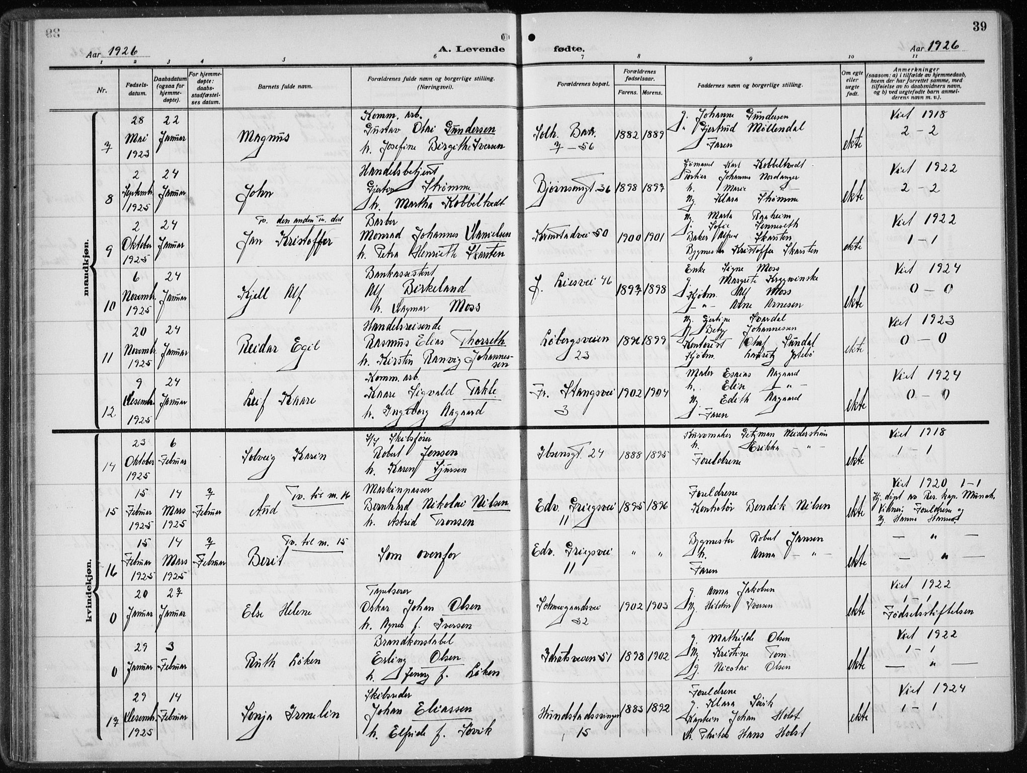 Årstad Sokneprestembete, AV/SAB-A-79301/H/Hab/L0005: Parish register (copy) no. A 5, 1924-1934, p. 39