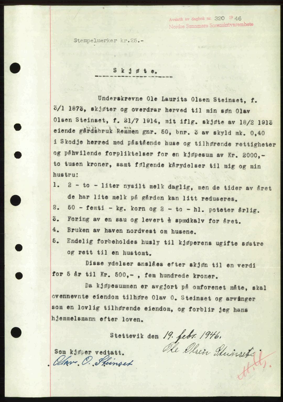 Nordre Sunnmøre sorenskriveri, AV/SAT-A-0006/1/2/2C/2Ca: Mortgage book no. A20b, 1946-1946, Diary no: : 320/1946