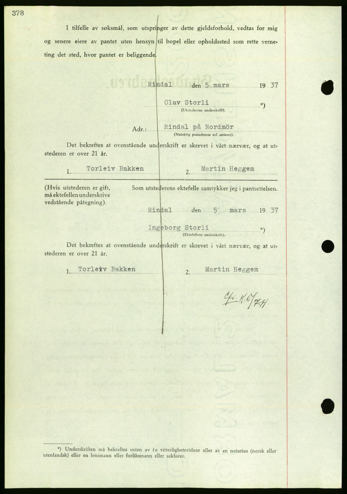 Nordmøre sorenskriveri, AV/SAT-A-4132/1/2/2Ca/L0091: Mortgage book no. B81, 1937-1937, Diary no: : 1397/1937