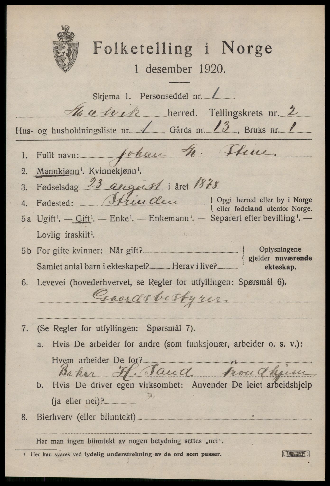 SAT, 1920 census for Malvik, 1920, p. 1832