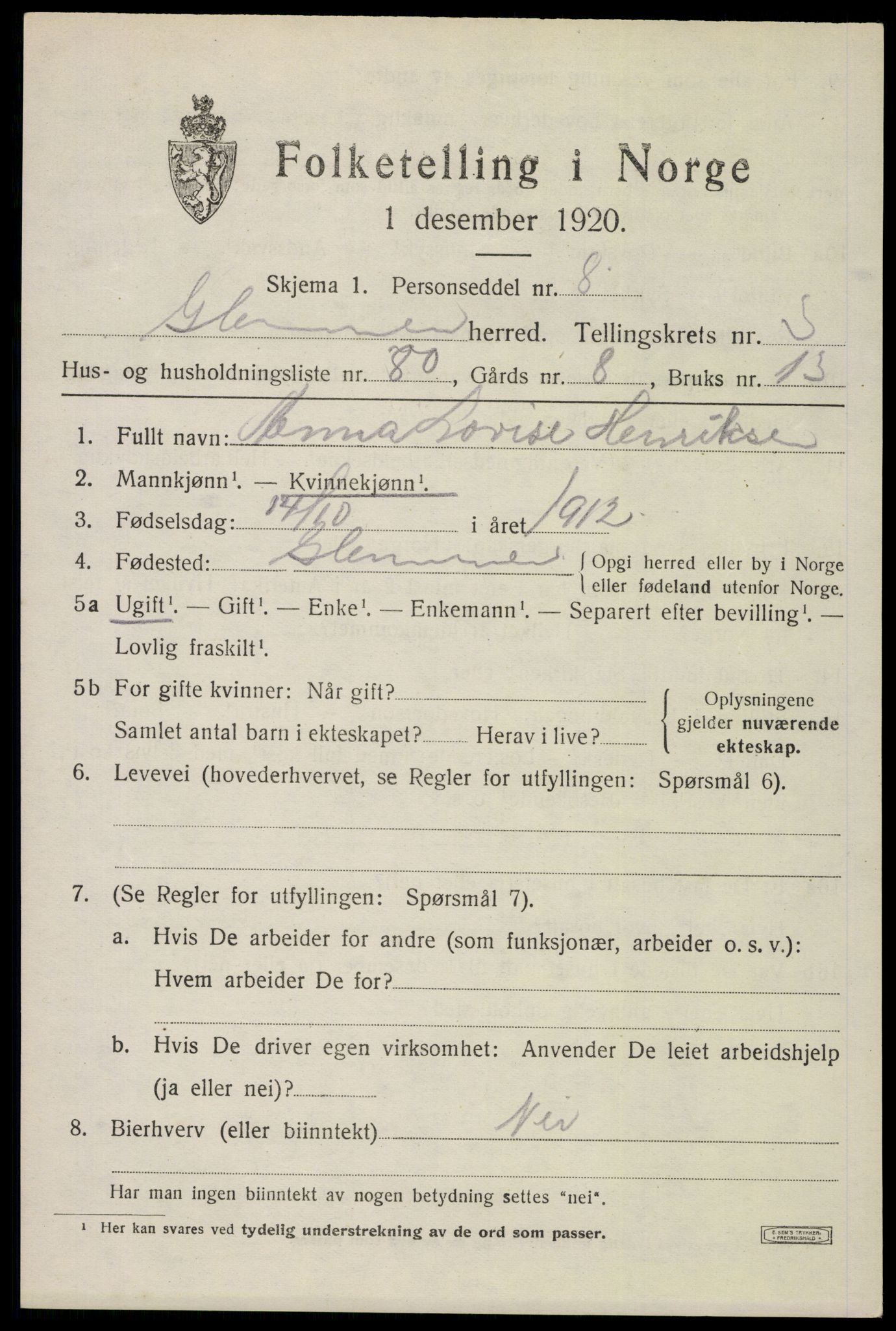 SAO, 1920 census for Glemmen, 1920, p. 7599