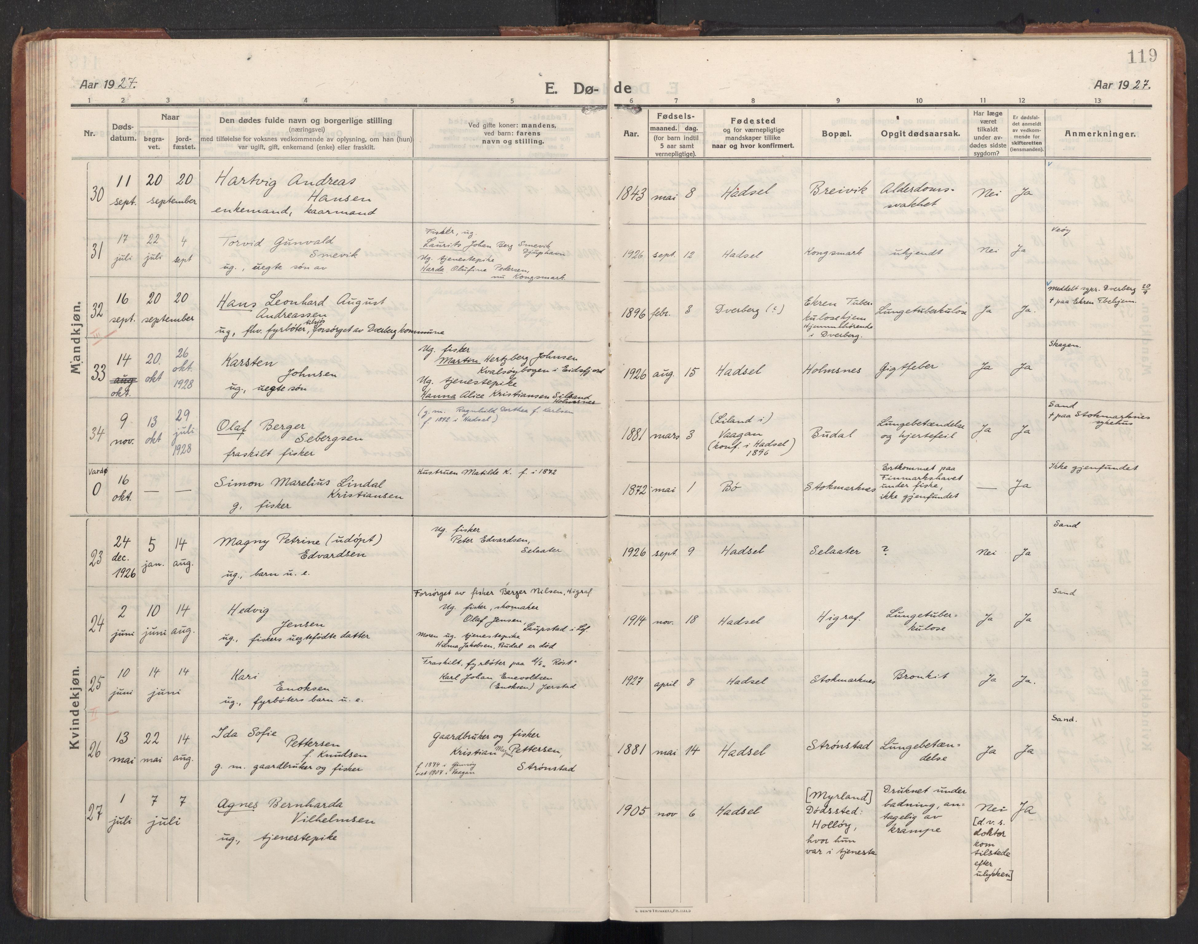 Ministerialprotokoller, klokkerbøker og fødselsregistre - Nordland, SAT/A-1459/888/L1269: Parish register (copy) no. 888C11, 1913-1937, p. 119