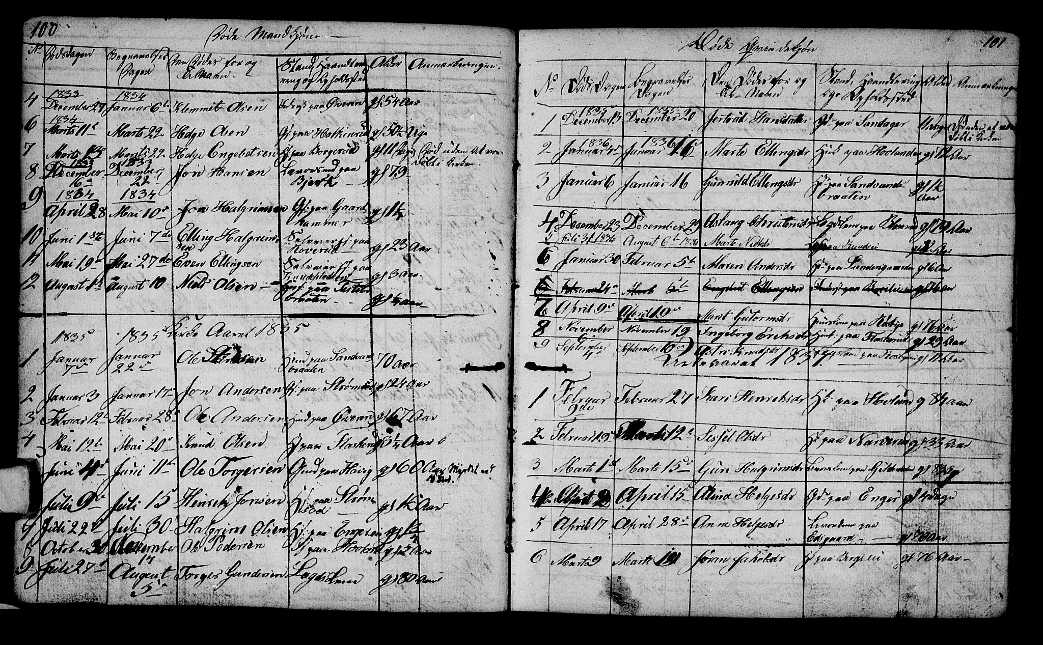 Lunder kirkebøker, SAKO/A-629/G/Ga/L0001: Parish register (copy) no. I 1, 1832-1849, p. 100-101