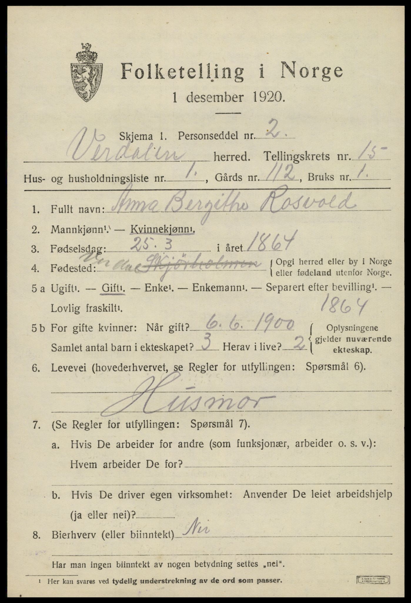 SAT, 1920 census for Verdal, 1920, p. 14205