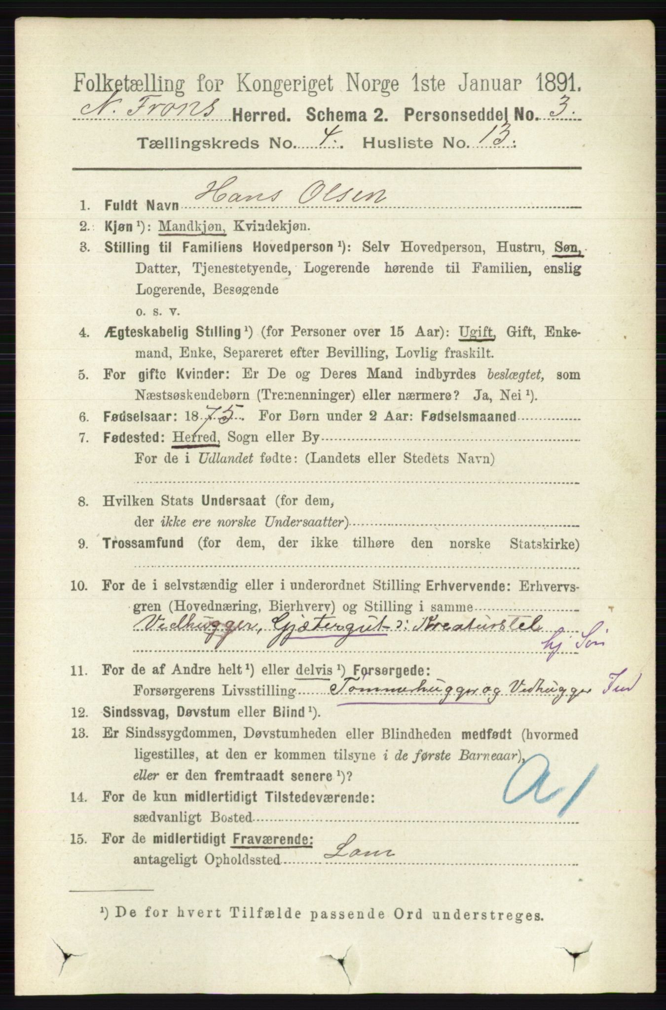 RA, 1891 census for 0518 Nord-Fron, 1891, p. 1534