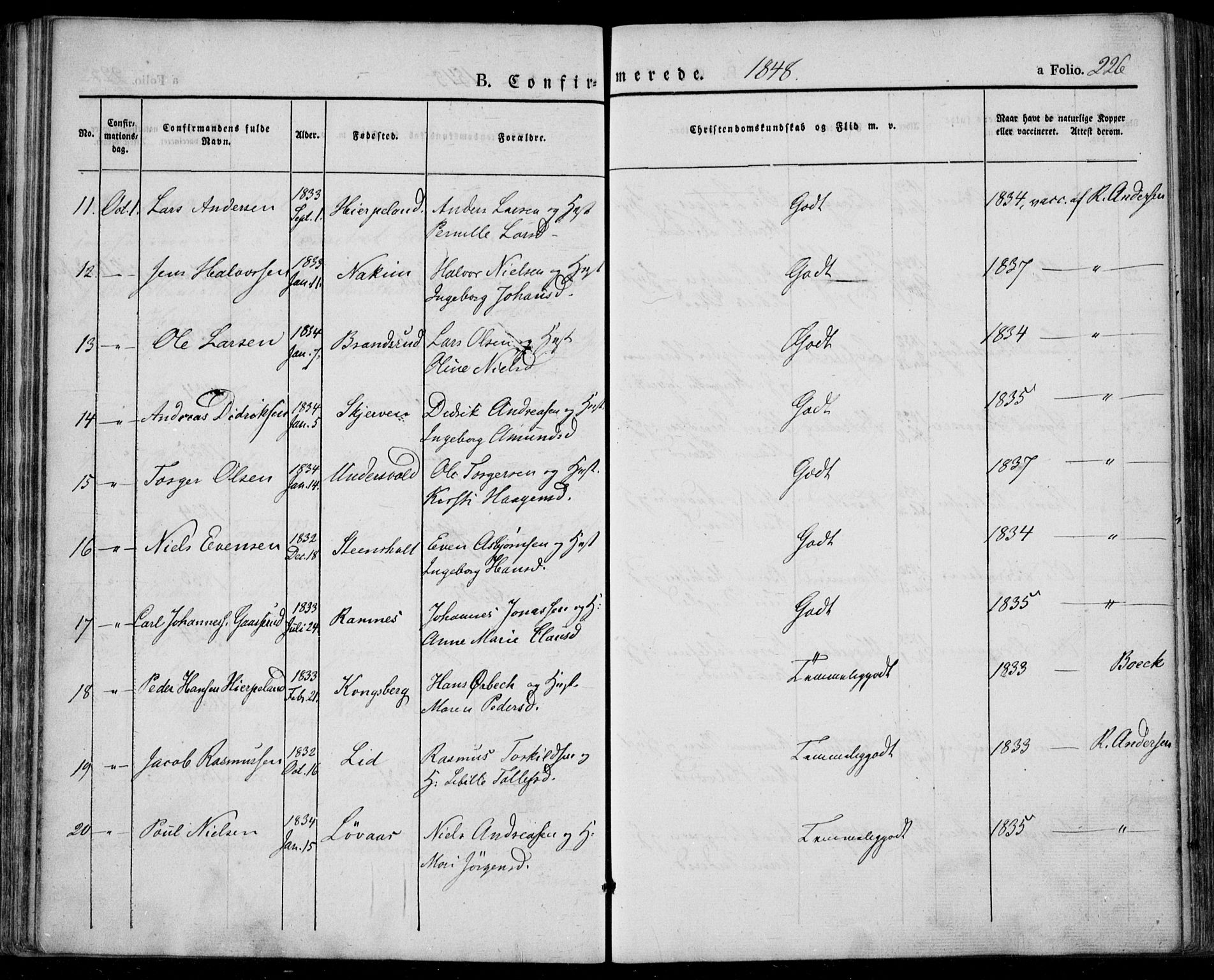 Lardal kirkebøker, AV/SAKO-A-350/F/Fa/L0006: Parish register (official) no. I 6, 1835-1860, p. 226