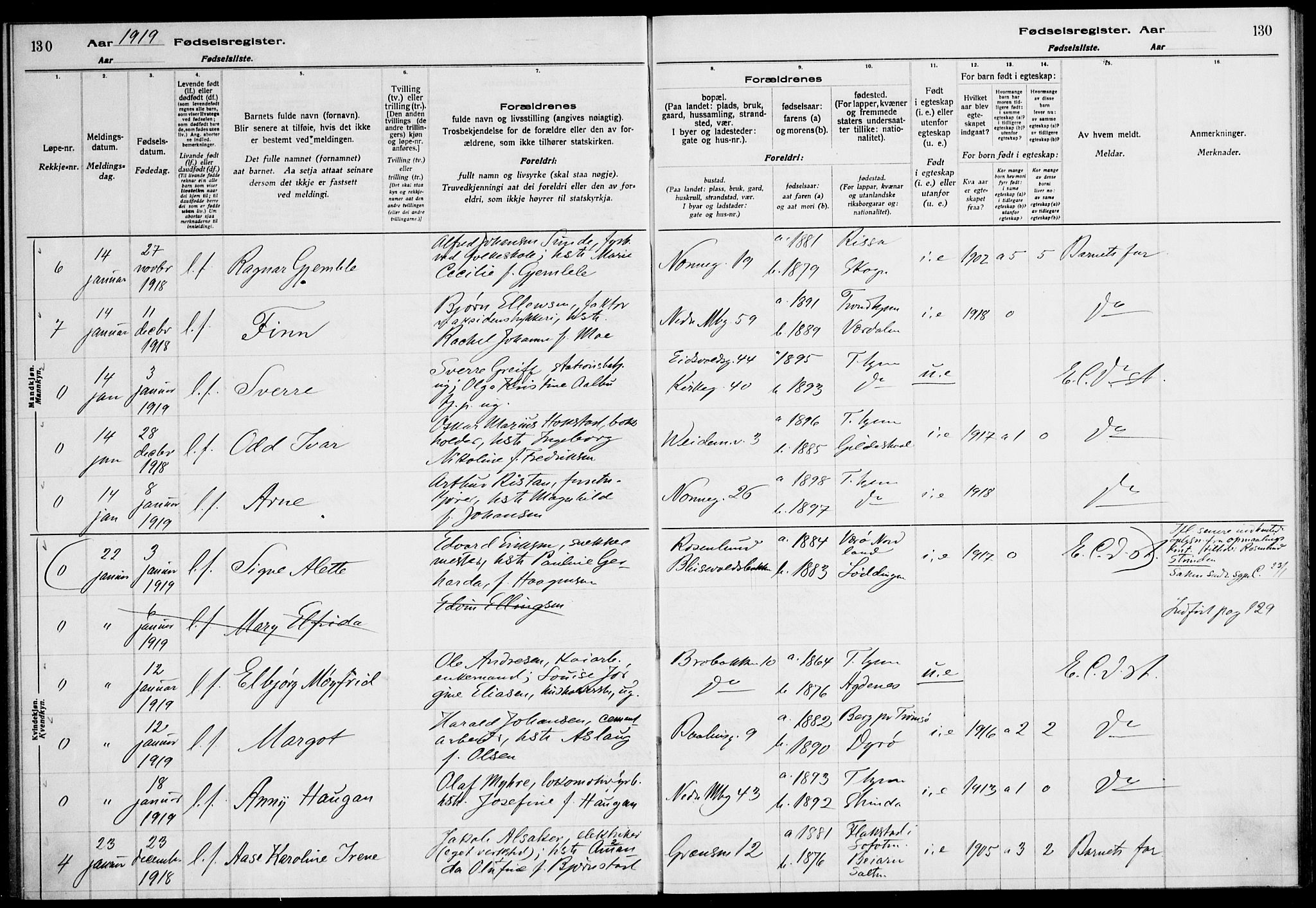 Ministerialprotokoller, klokkerbøker og fødselsregistre - Sør-Trøndelag, SAT/A-1456/604/L0232: Birth register no. 604.II.4.1, 1916-1920, p. 130