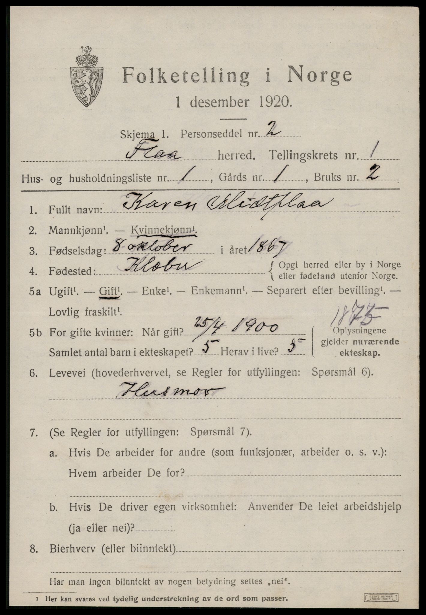 SAT, 1920 census for Flå, 1920, p. 278