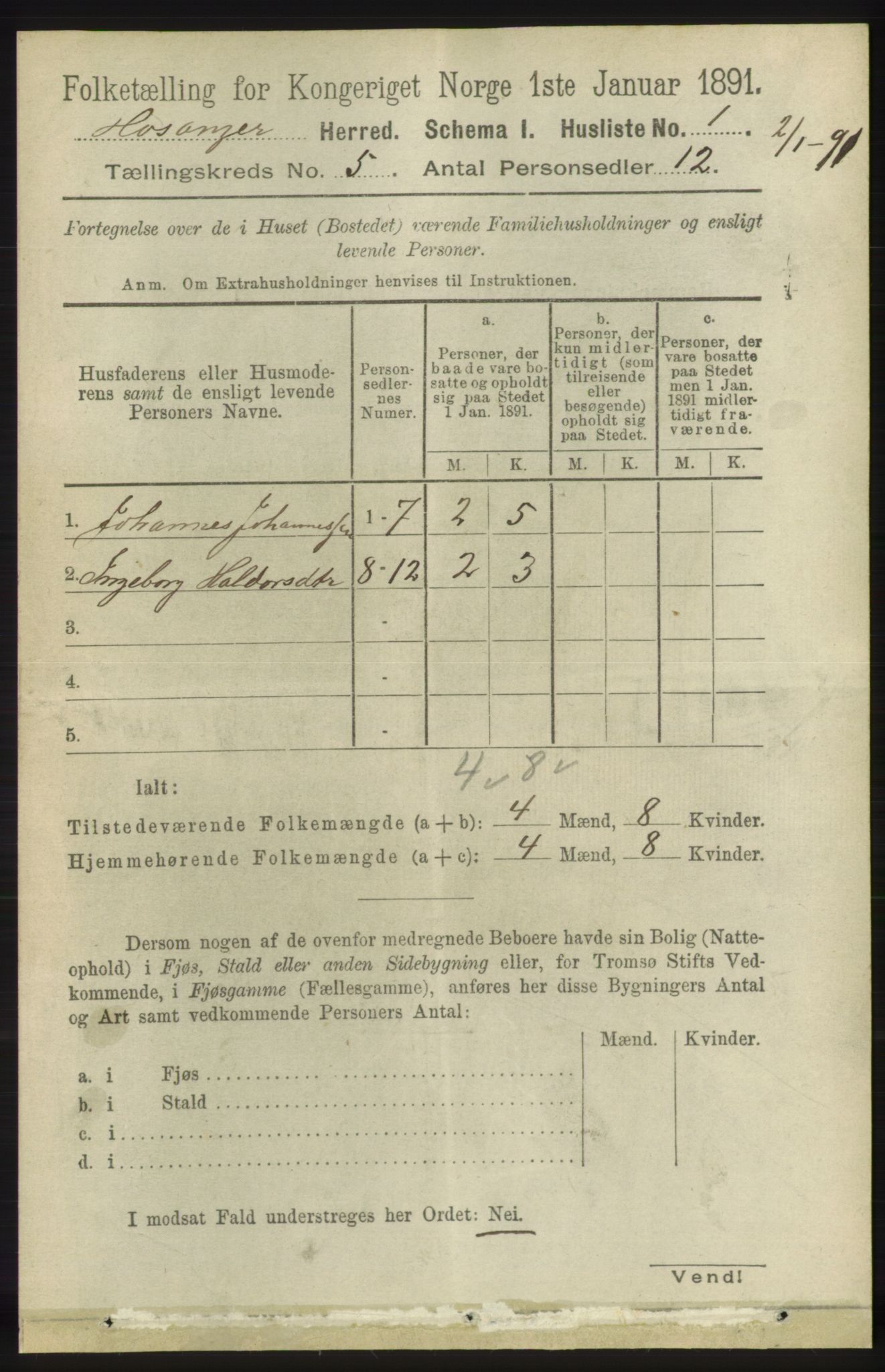 RA, 1891 census for 1253 Hosanger, 1891, p. 1740