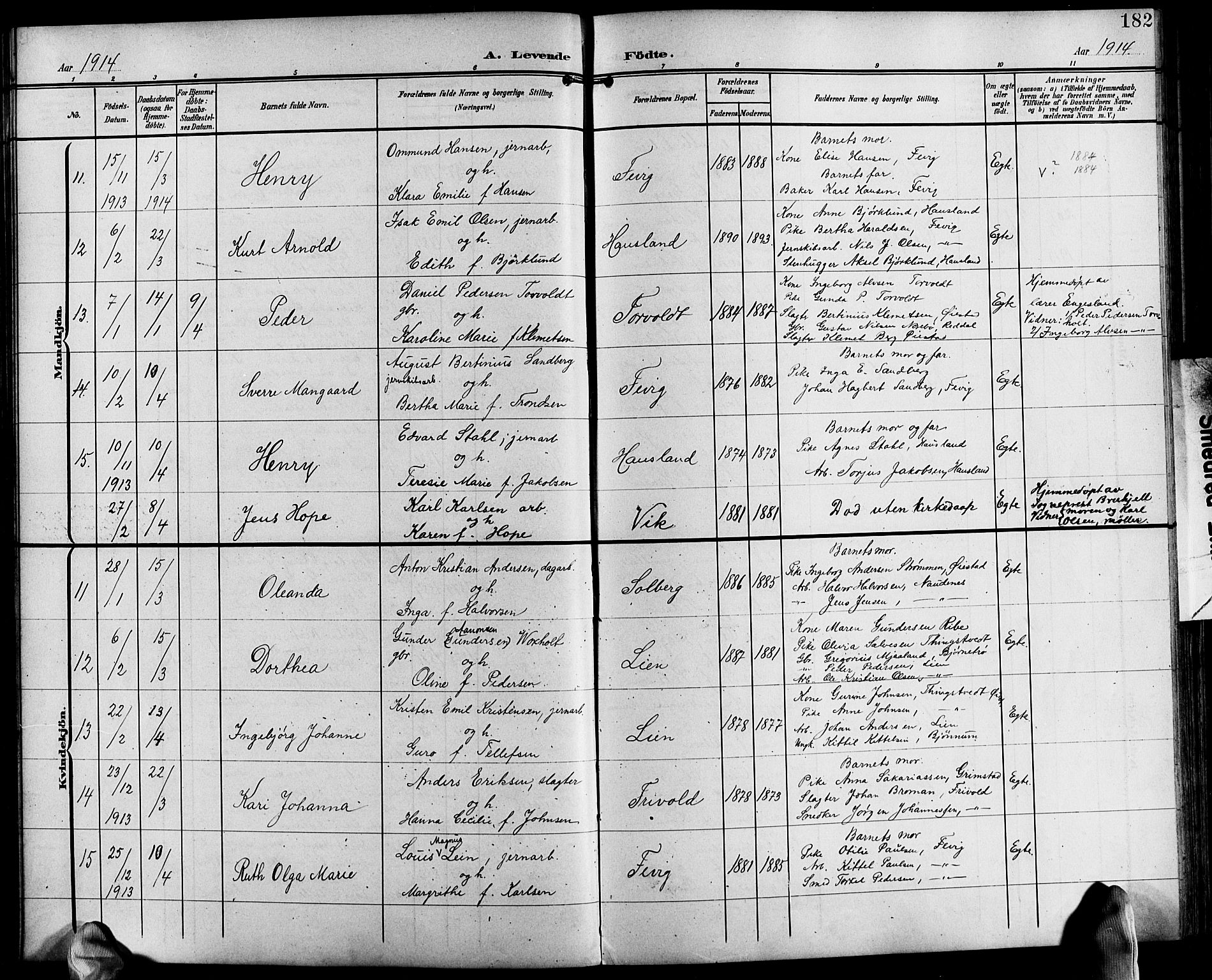 Fjære sokneprestkontor, AV/SAK-1111-0011/F/Fb/L0012: Parish register (copy) no. B 12, 1902-1925, p. 182