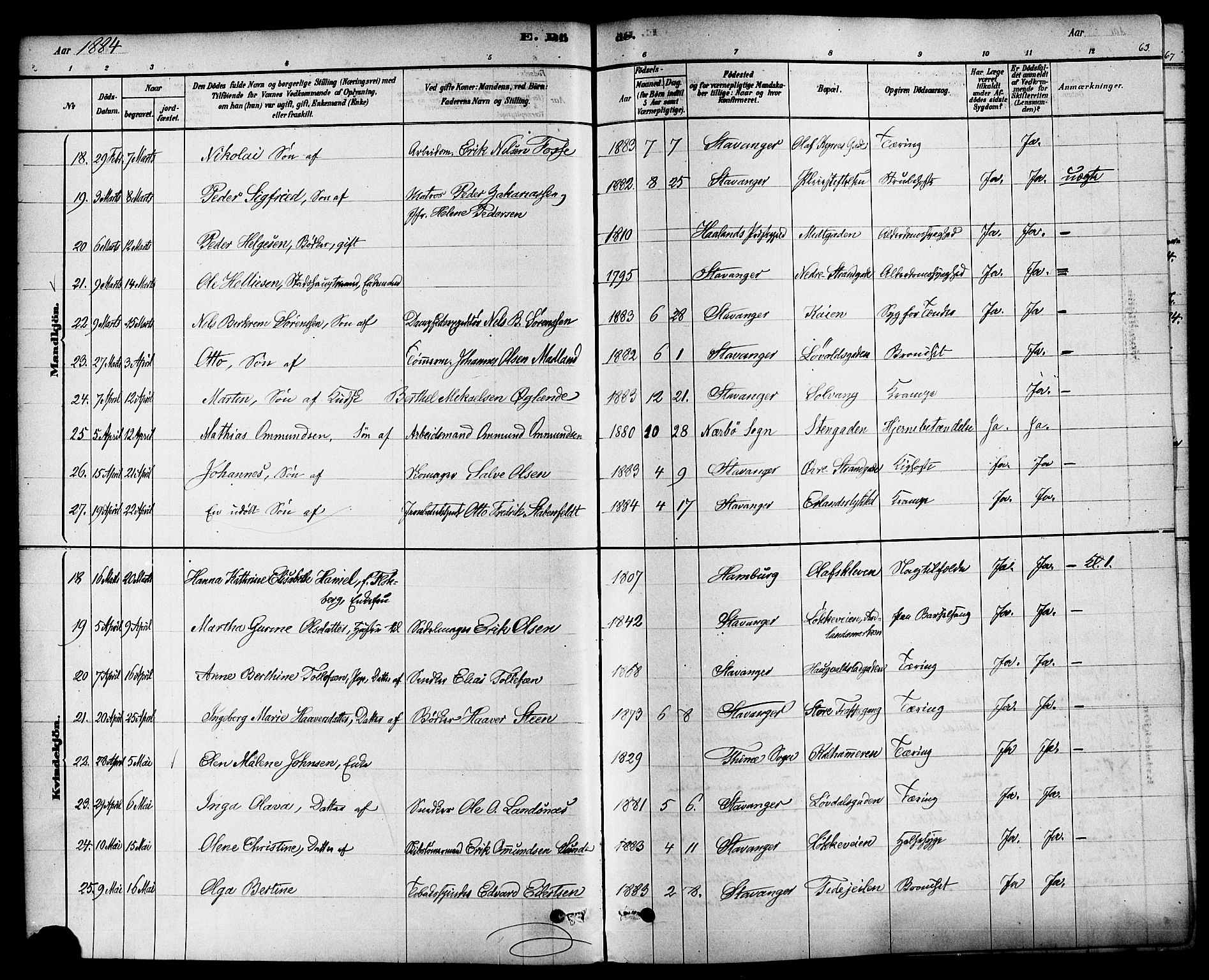 Domkirken sokneprestkontor, AV/SAST-A-101812/001/30/30BA/L0027: Parish register (official) no. A 26, 1878-1896, p. 63