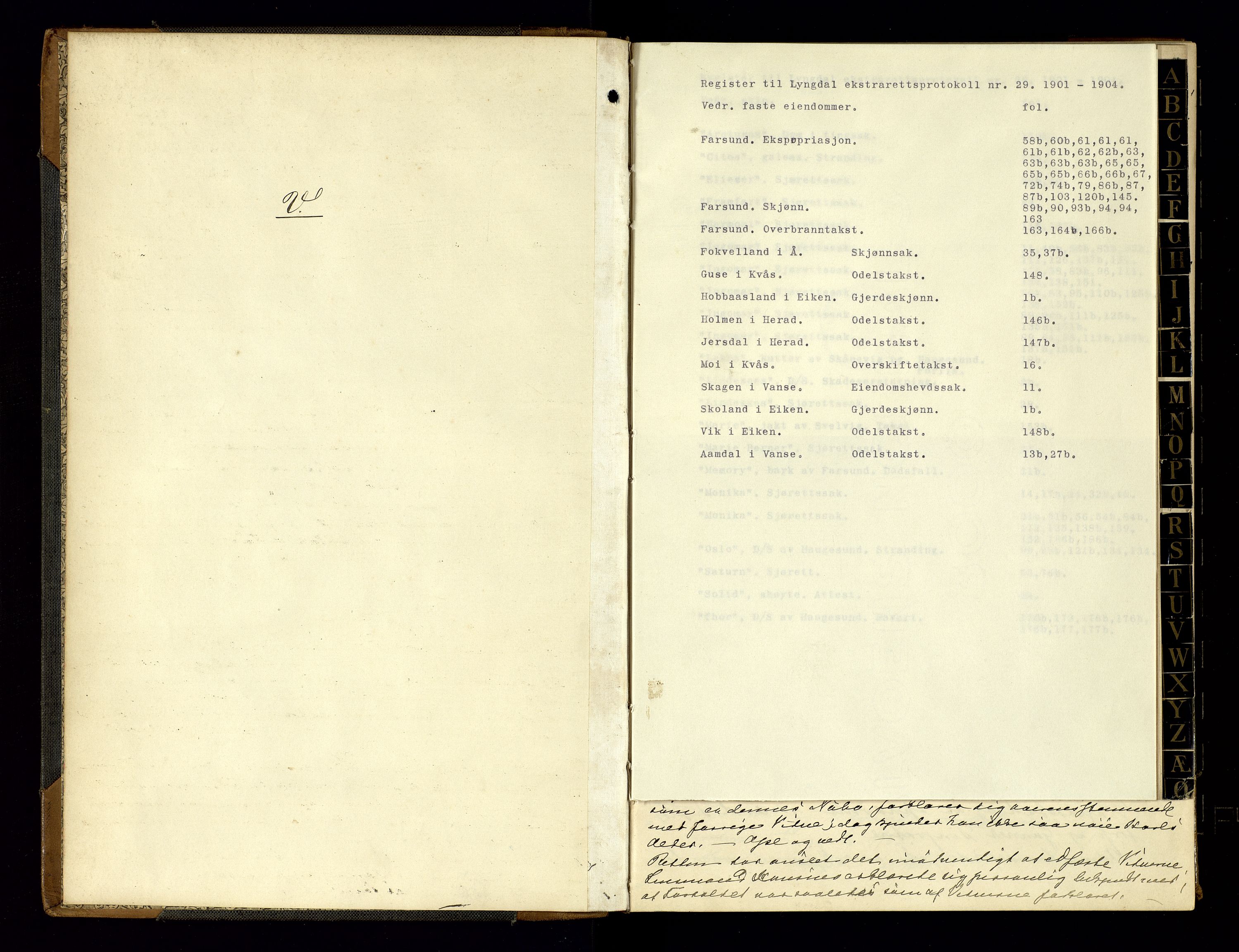 Lyngdal sorenskriveri, AV/SAK-1221-0004/F/Fb/L0093: Ekstrarettsprotokoll nr. 29, 1901-1904