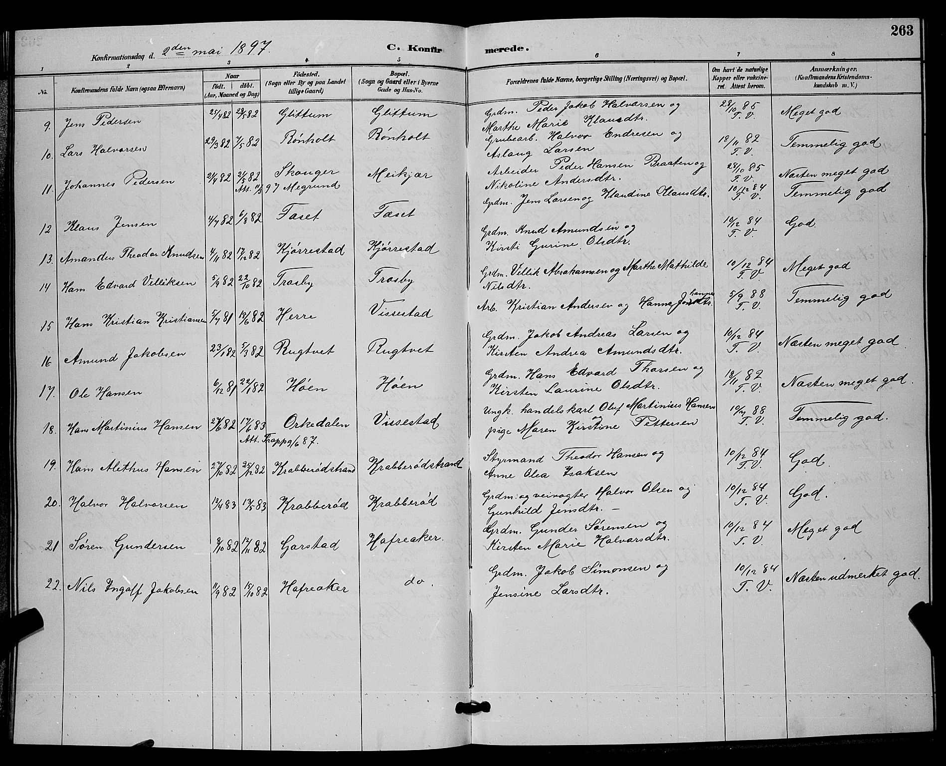 Bamble kirkebøker, SAKO/A-253/G/Ga/L0009: Parish register (copy) no. I 9, 1888-1900, p. 263