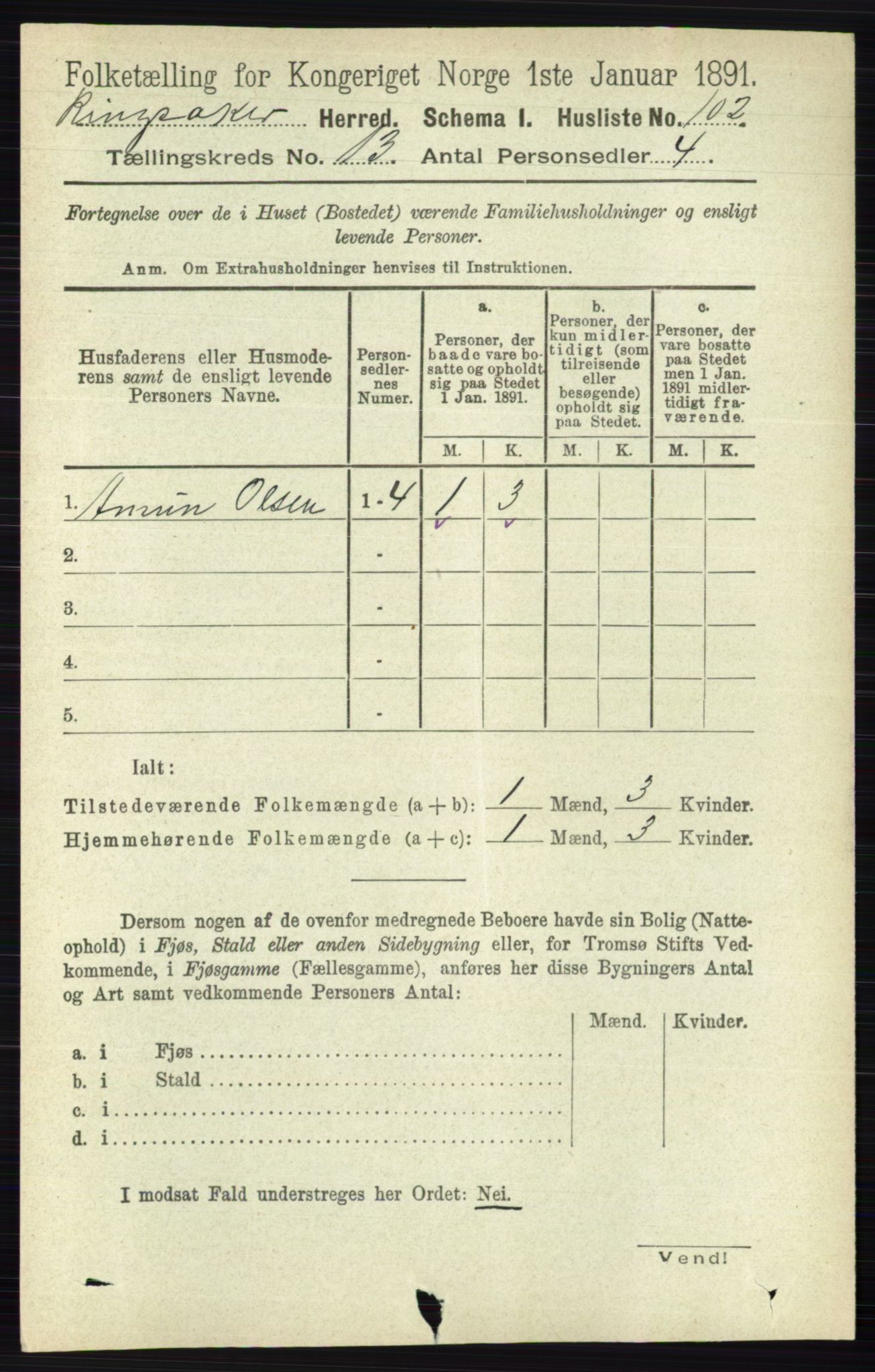 RA, 1891 census for 0412 Ringsaker, 1891, p. 7205