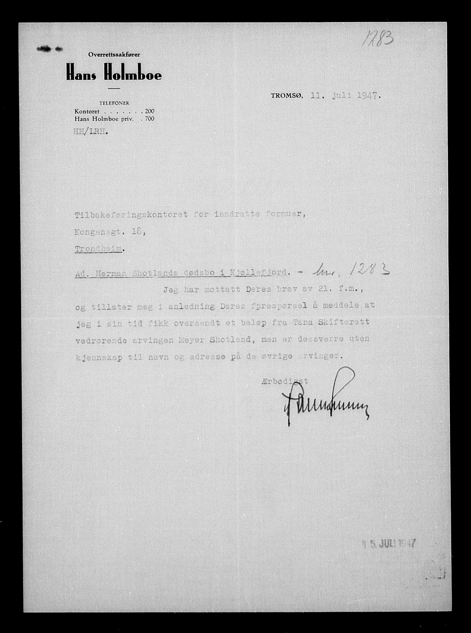 Justisdepartementet, Tilbakeføringskontoret for inndratte formuer, AV/RA-S-1564/H/Hc/Hcb/L0915: --, 1945-1947, p. 497