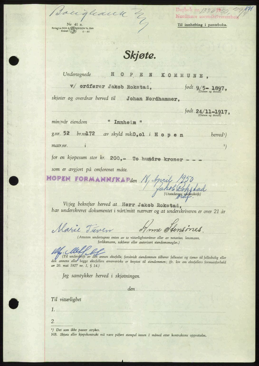 Nordmøre sorenskriveri, AV/SAT-A-4132/1/2/2Ca: Mortgage book no. A114, 1950-1950, Diary no: : 1330/1950