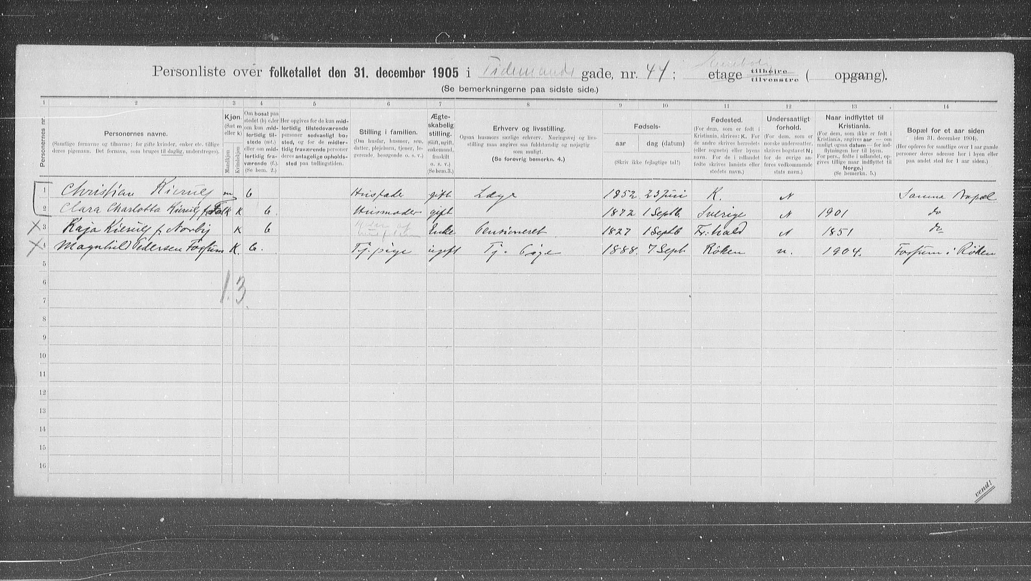 OBA, Municipal Census 1905 for Kristiania, 1905, p. 58416