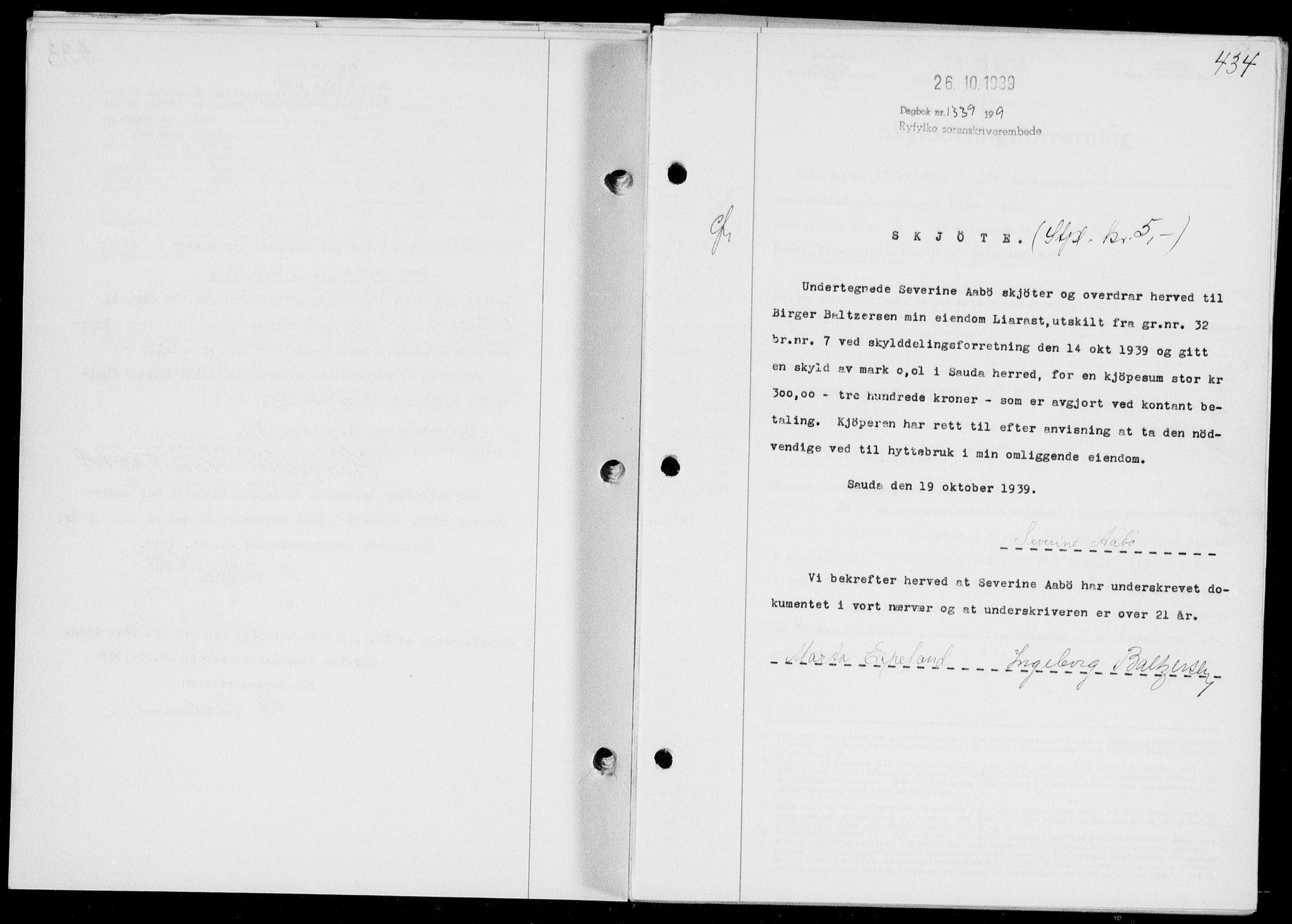 Ryfylke tingrett, AV/SAST-A-100055/001/II/IIB/L0080: Mortgage book no. 59, 1939-1939, Diary no: : 1339/1939