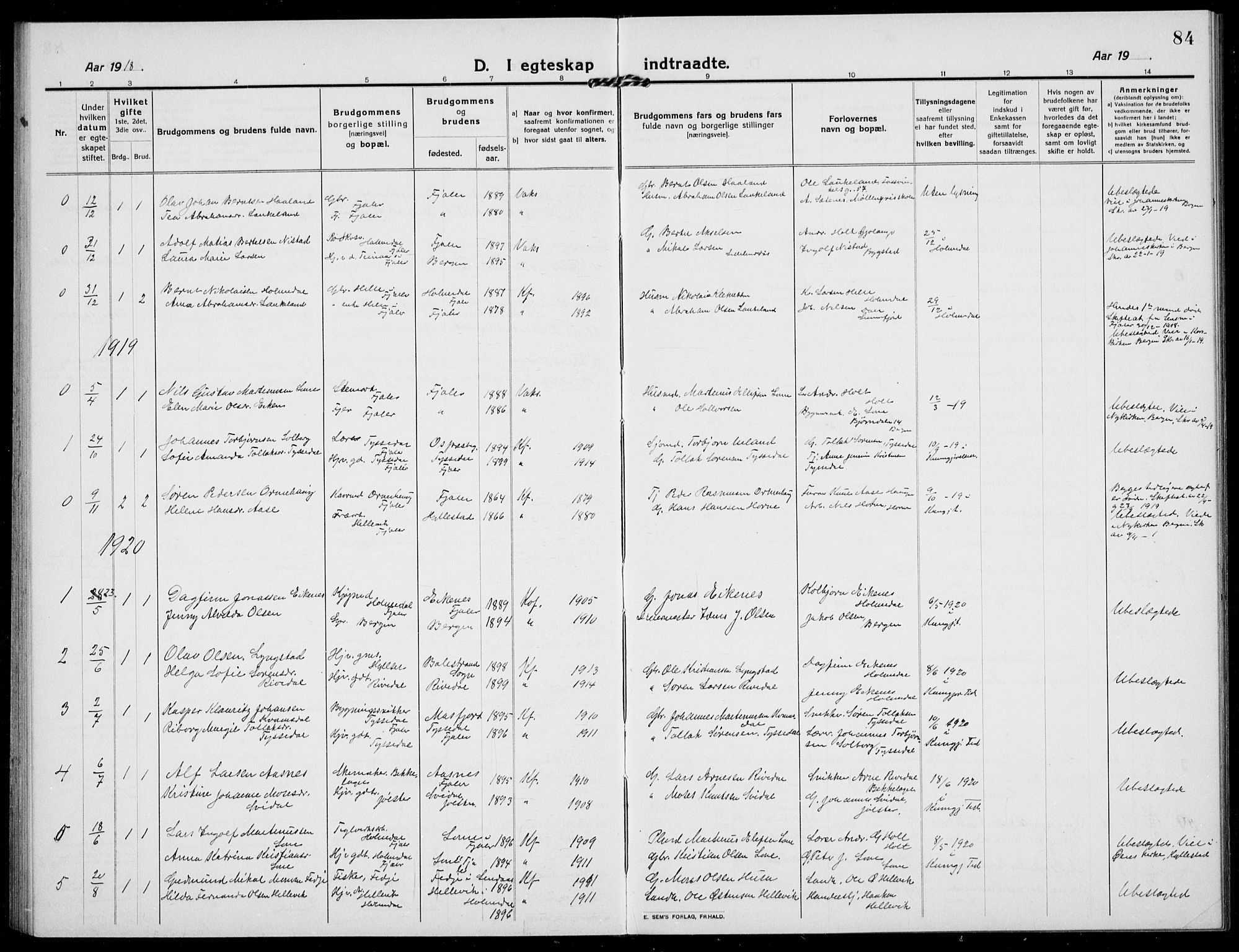 Fjaler sokneprestembete, SAB/A-79801/H/Hab/Habb/L0003: Parish register (copy) no. B 3, 1913-1940, p. 84