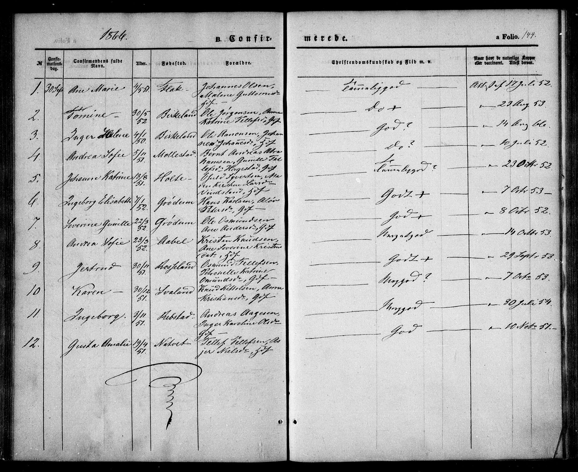 Birkenes sokneprestkontor, AV/SAK-1111-0004/F/Fa/L0003: Parish register (official) no. A 3, 1850-1866, p. 144